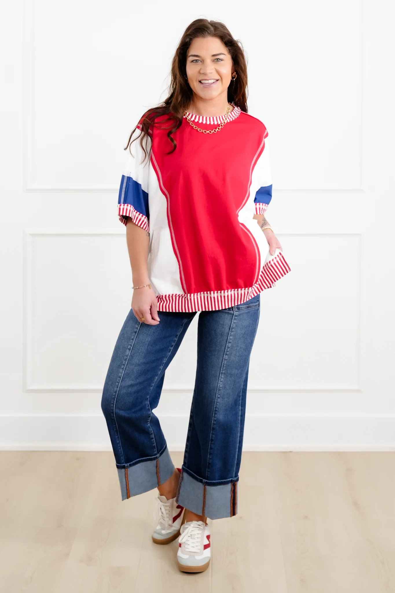 Color Block Short Sleeve French Terry Top with Stripe Detail - Image 2