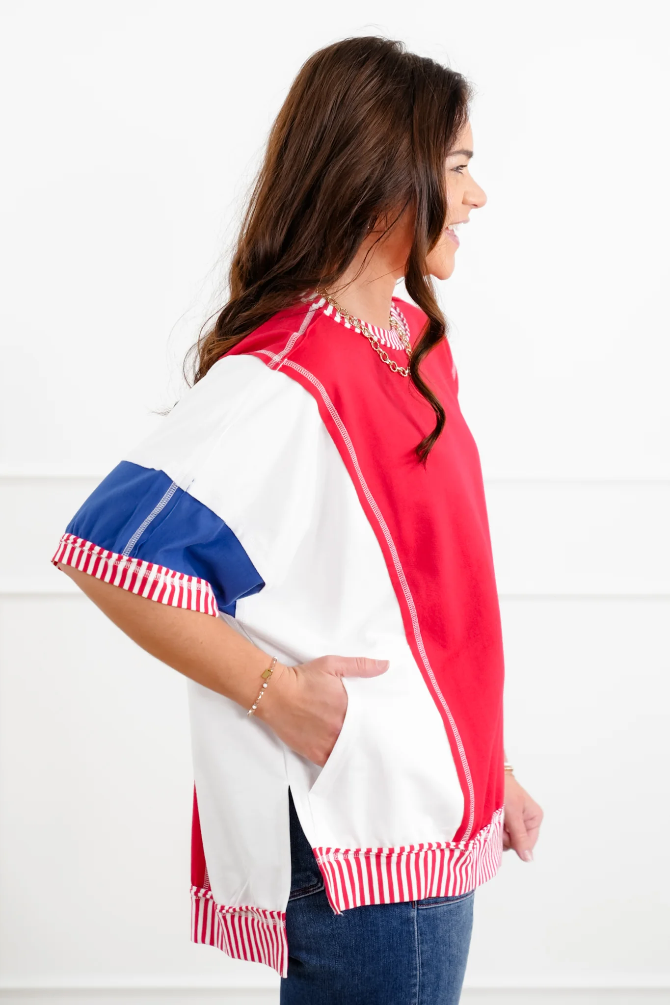 Color Block Short Sleeve French Terry Top with Stripe Detail - Image 3