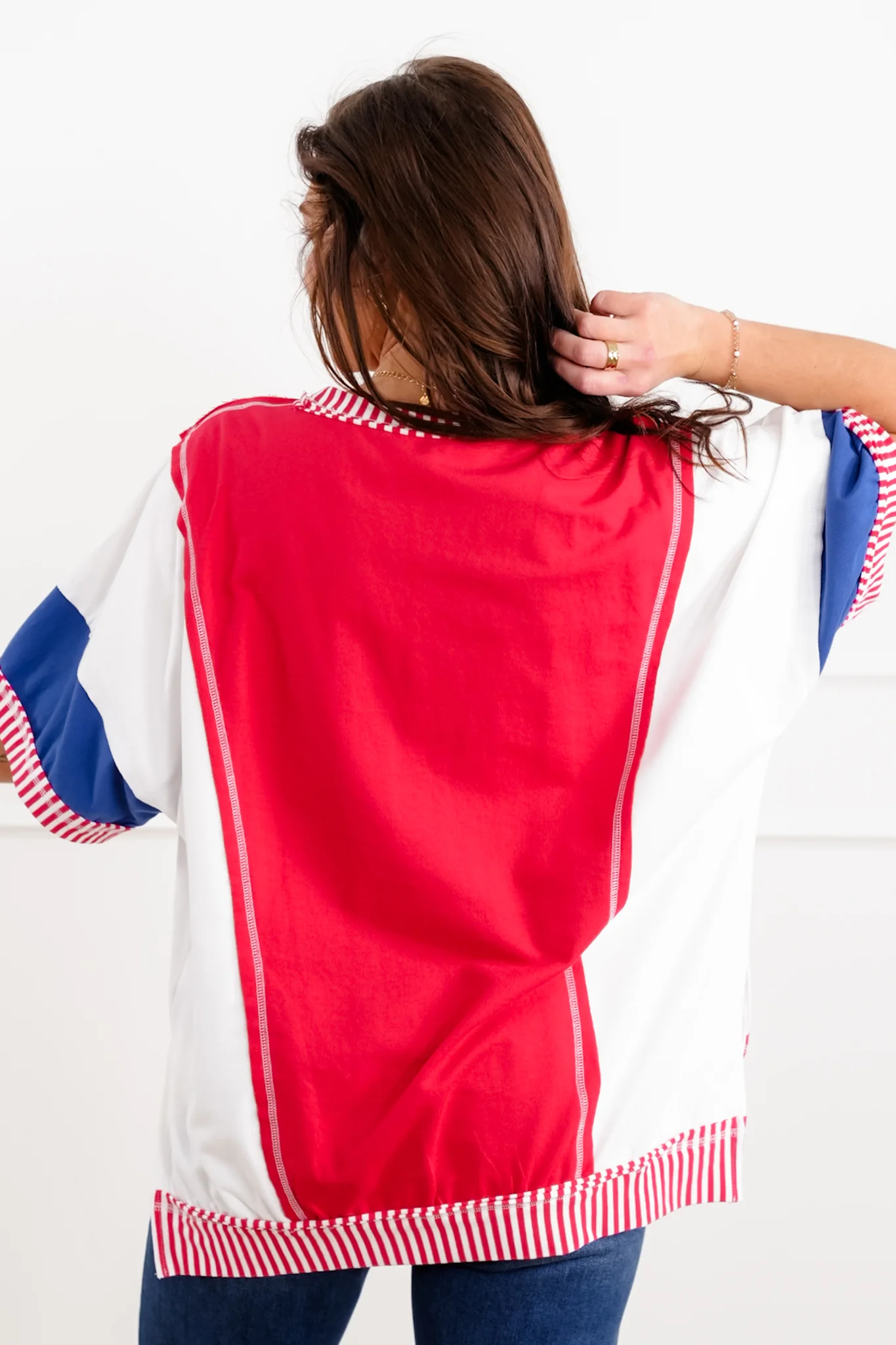 Color Block Short Sleeve French Terry Top with Stripe Detail - Image 4