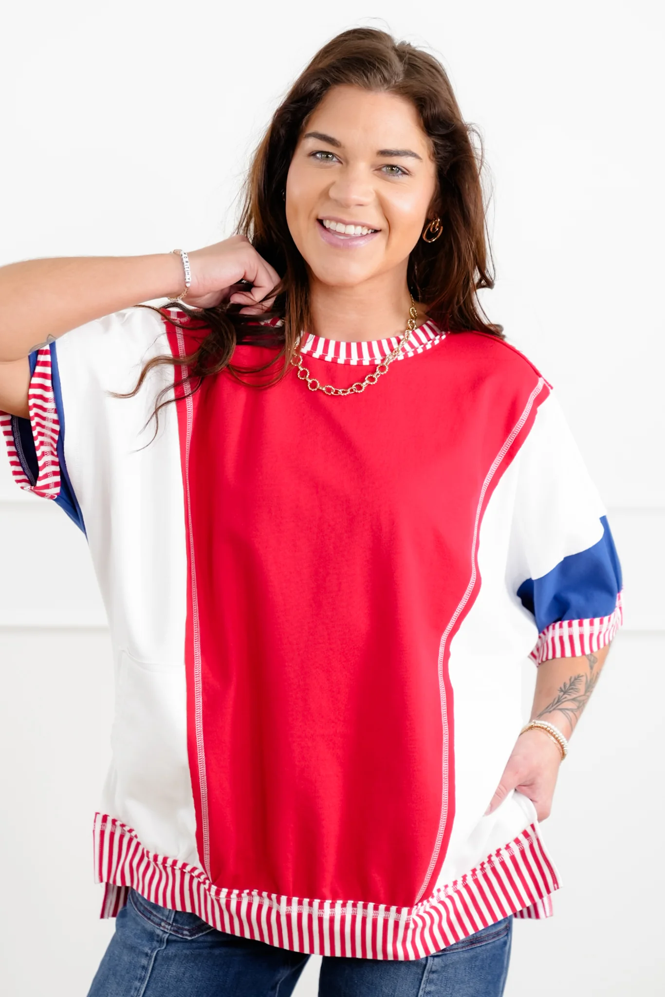 Color Block Short Sleeve French Terry Top with Stripe Detail - Image 5