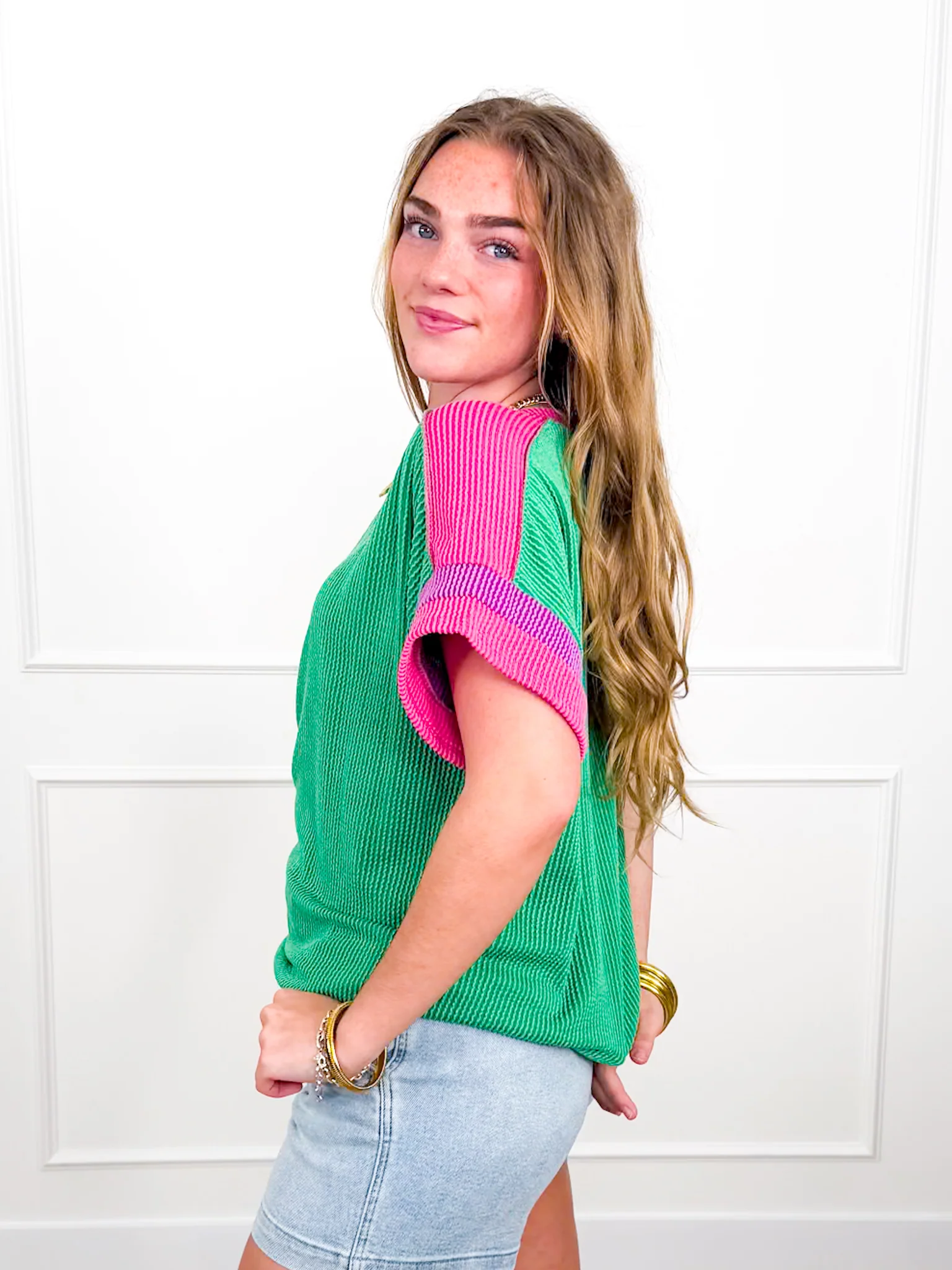 Color Block Urban Ribbed Short Sleeve Top - Image 4