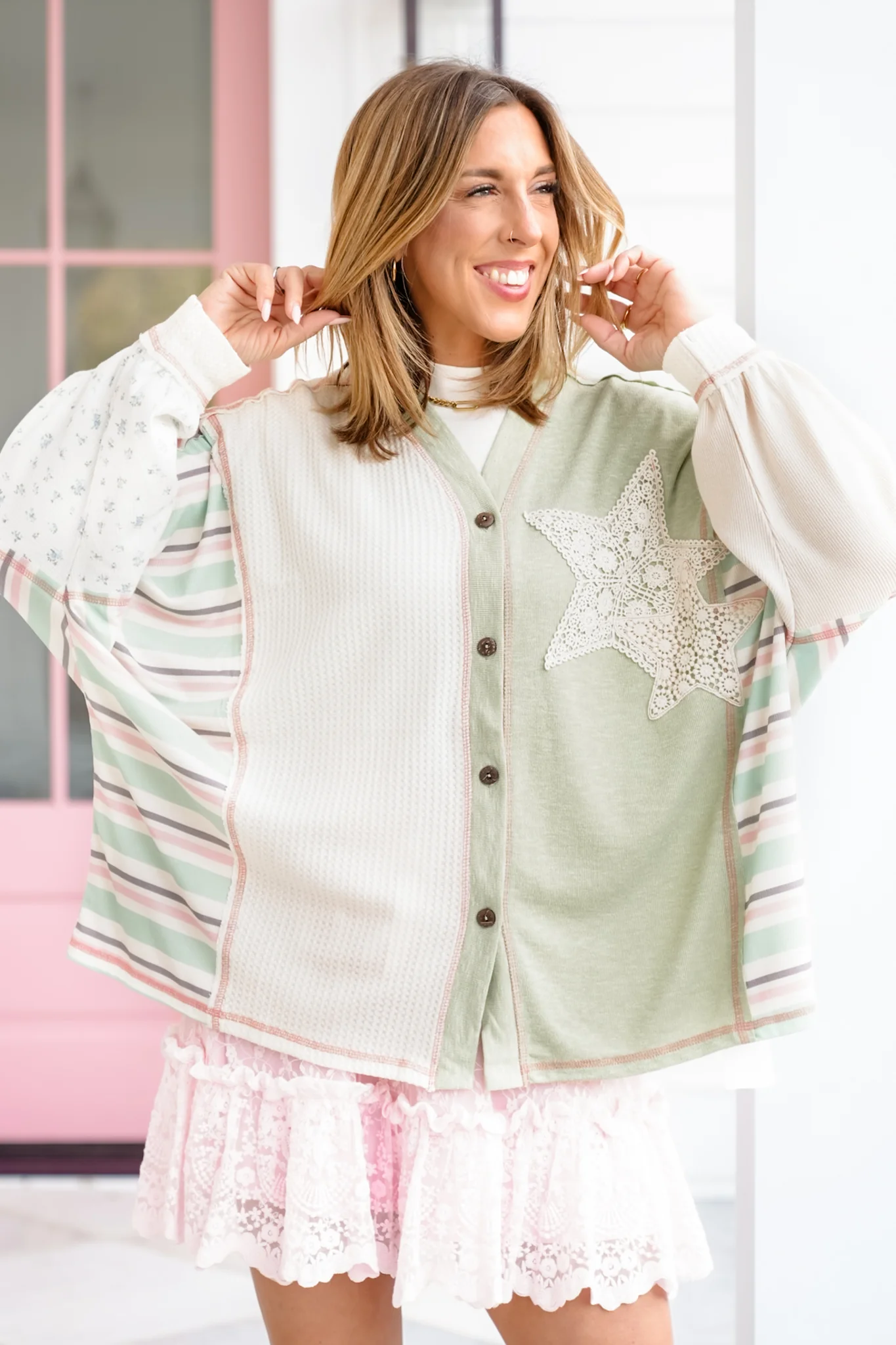 Contrast Long Sleeve Button Down Top with Star Patch - Image 3