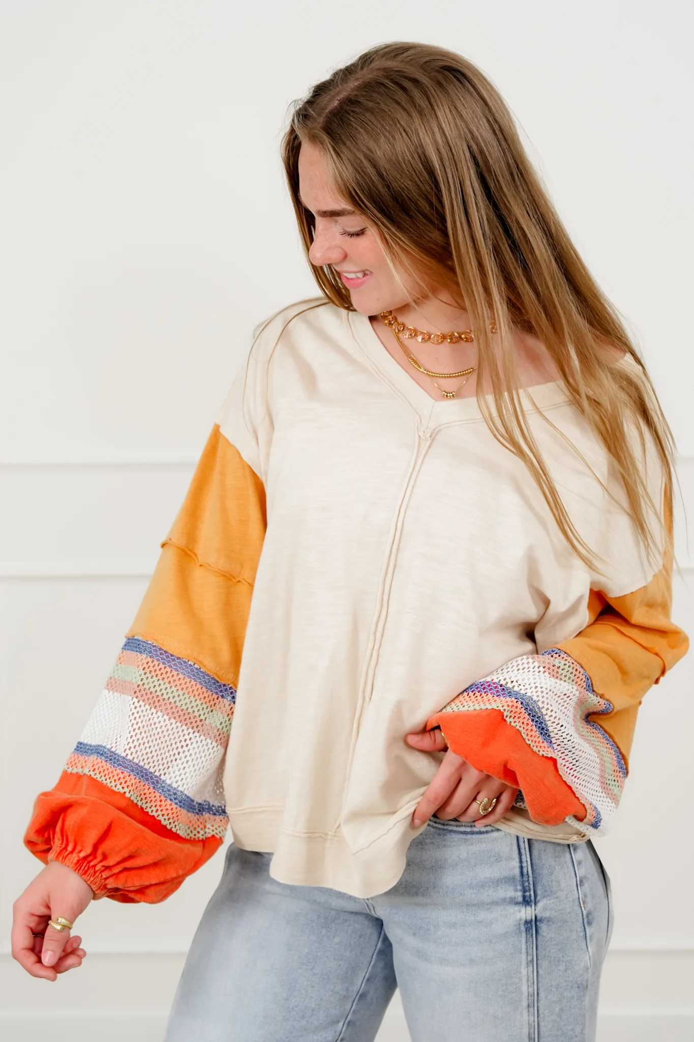 Cotton Long Stripe Sleeve V Neck Top - Image 2