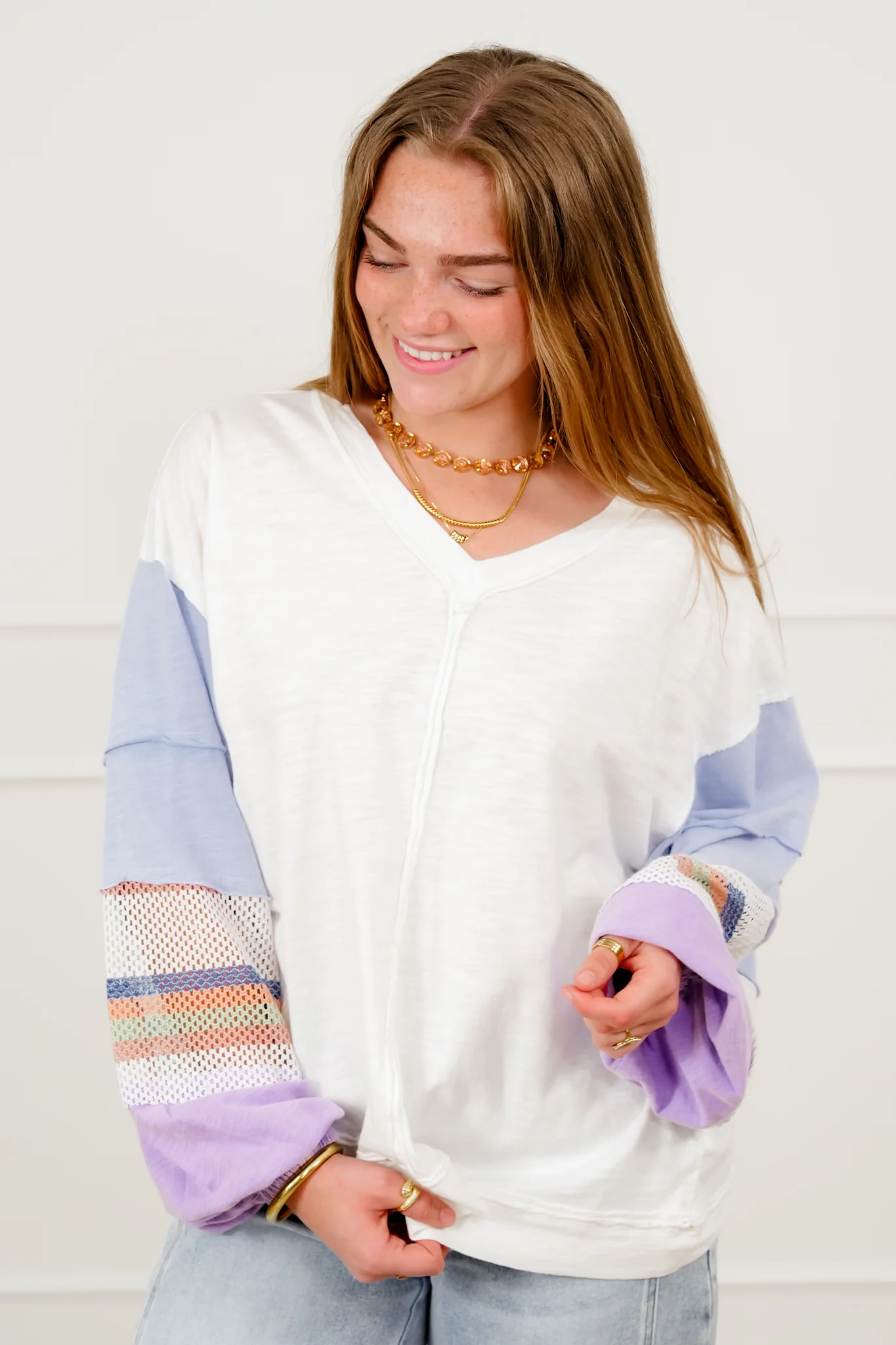 Cotton Long Stripe Sleeve V Neck Top - Image 3