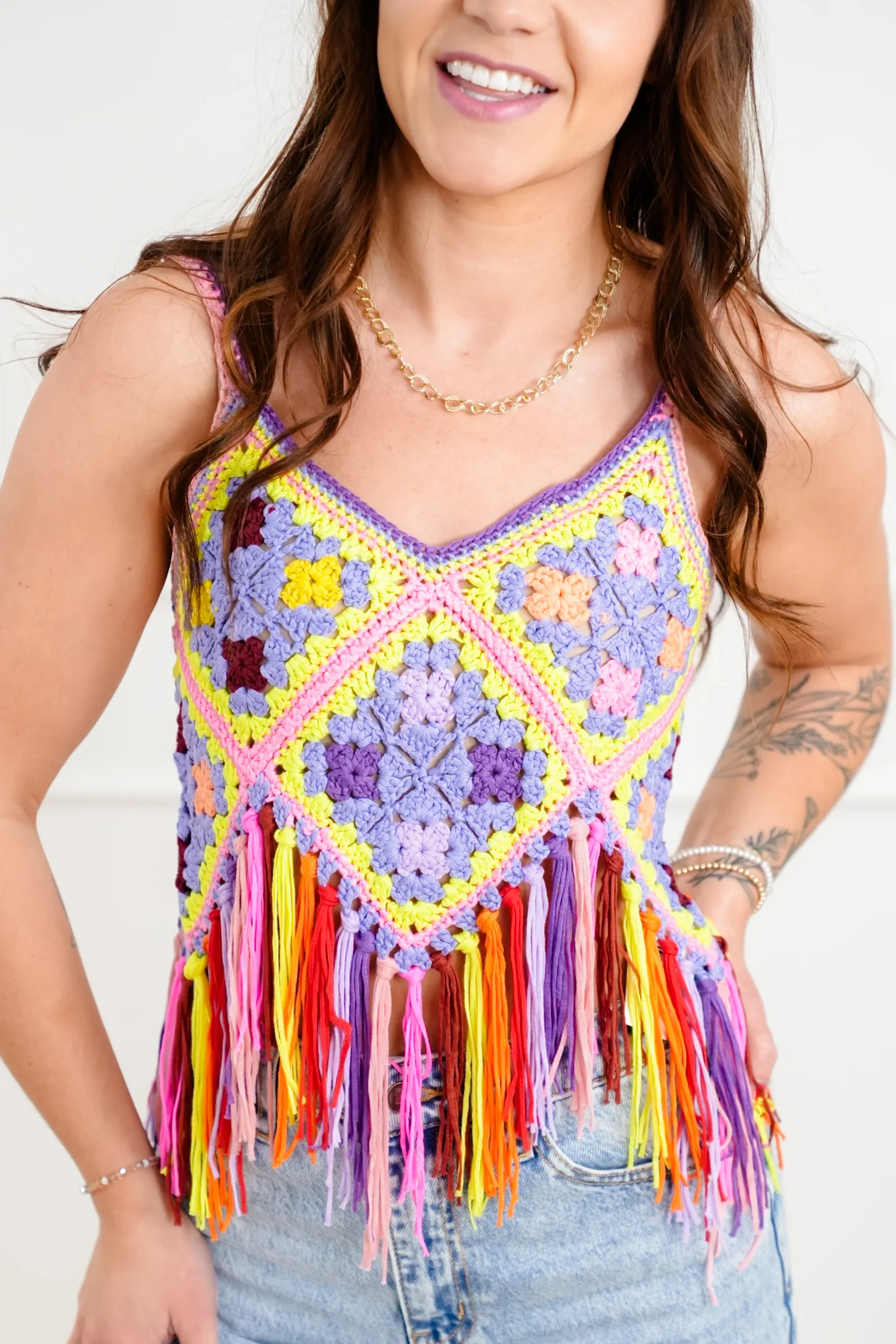 Crochet Granny Square Crop Top with Fringe - Image 5