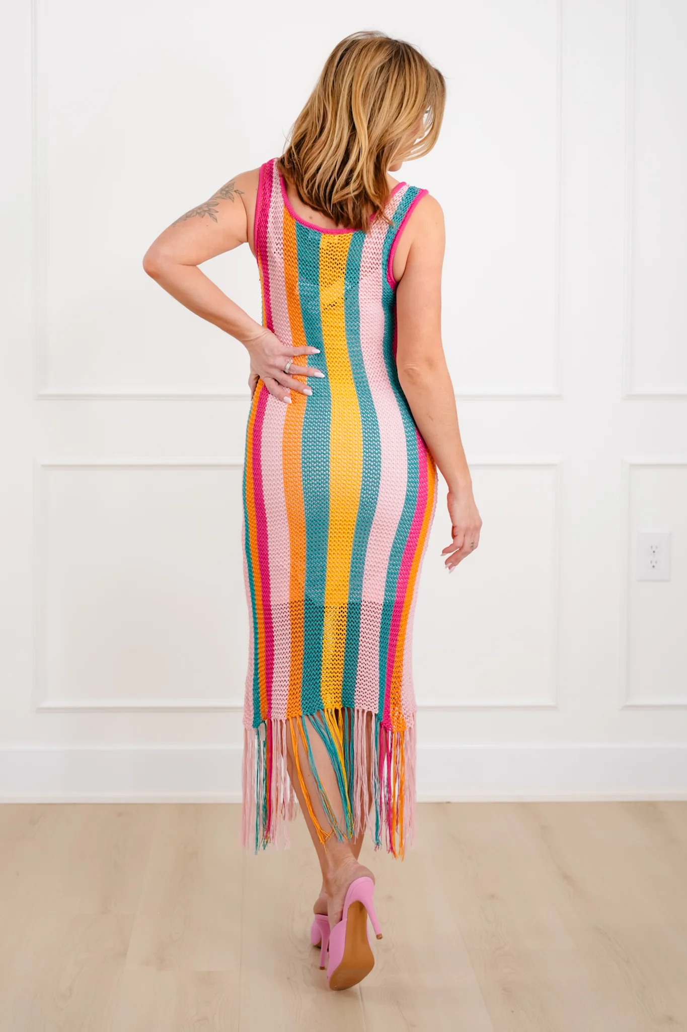 Crochet Stripe Sleeveless Cami Knit Dress with Fringe Hem - Image 5