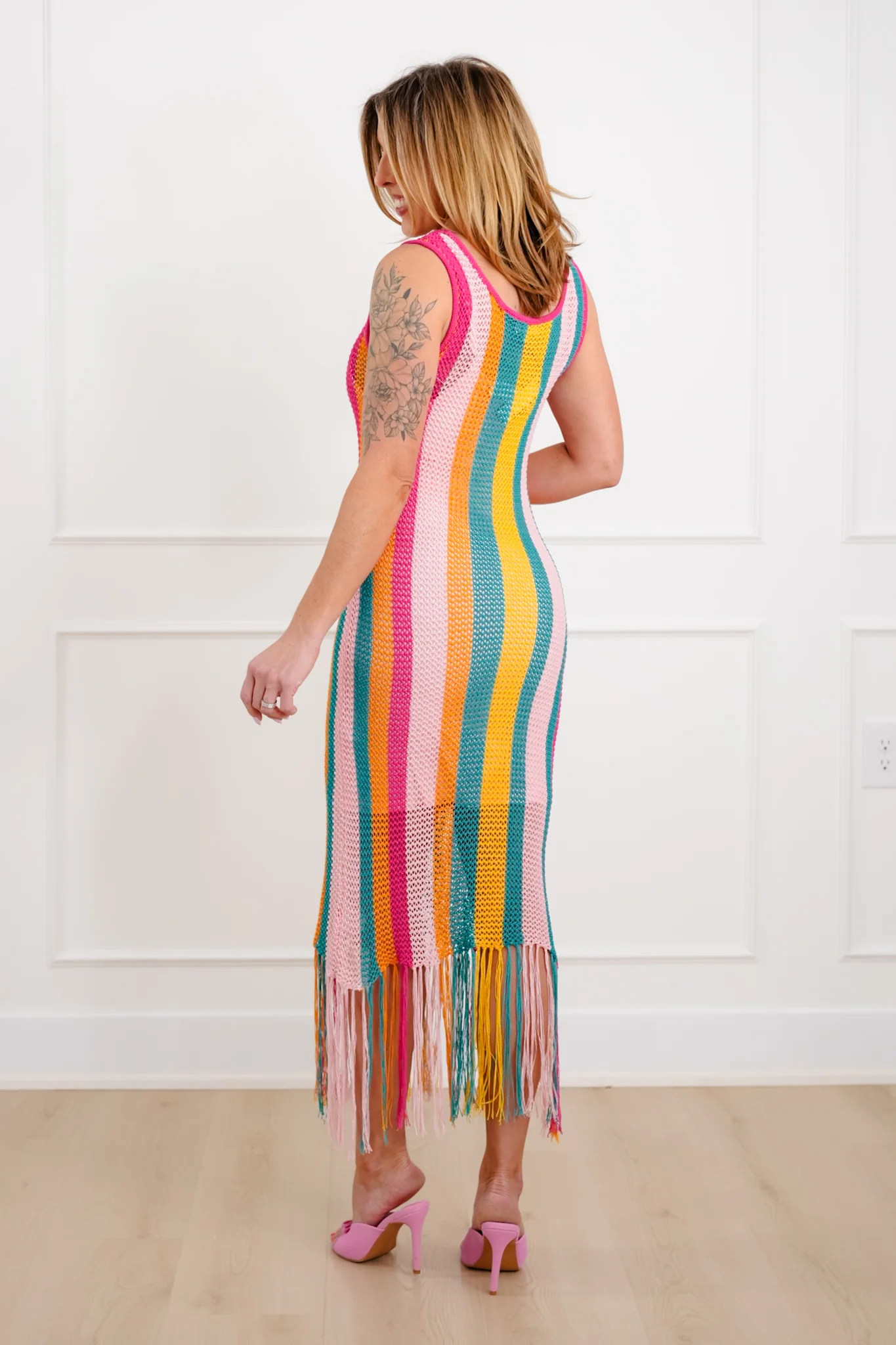 Crochet Stripe Sleeveless Cami Knit Dress with Fringe Hem - Image 6