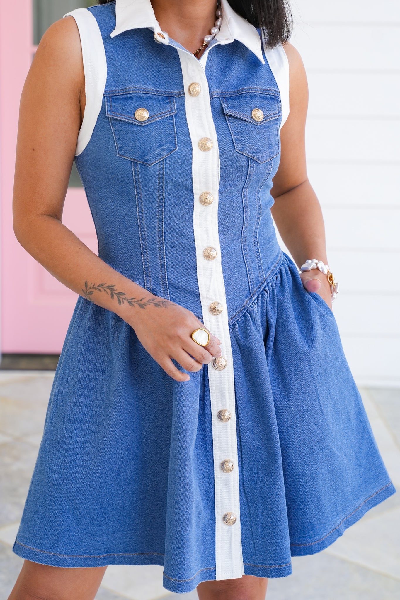 Denim Sleeveless Button Down Mini Dress - Image 2