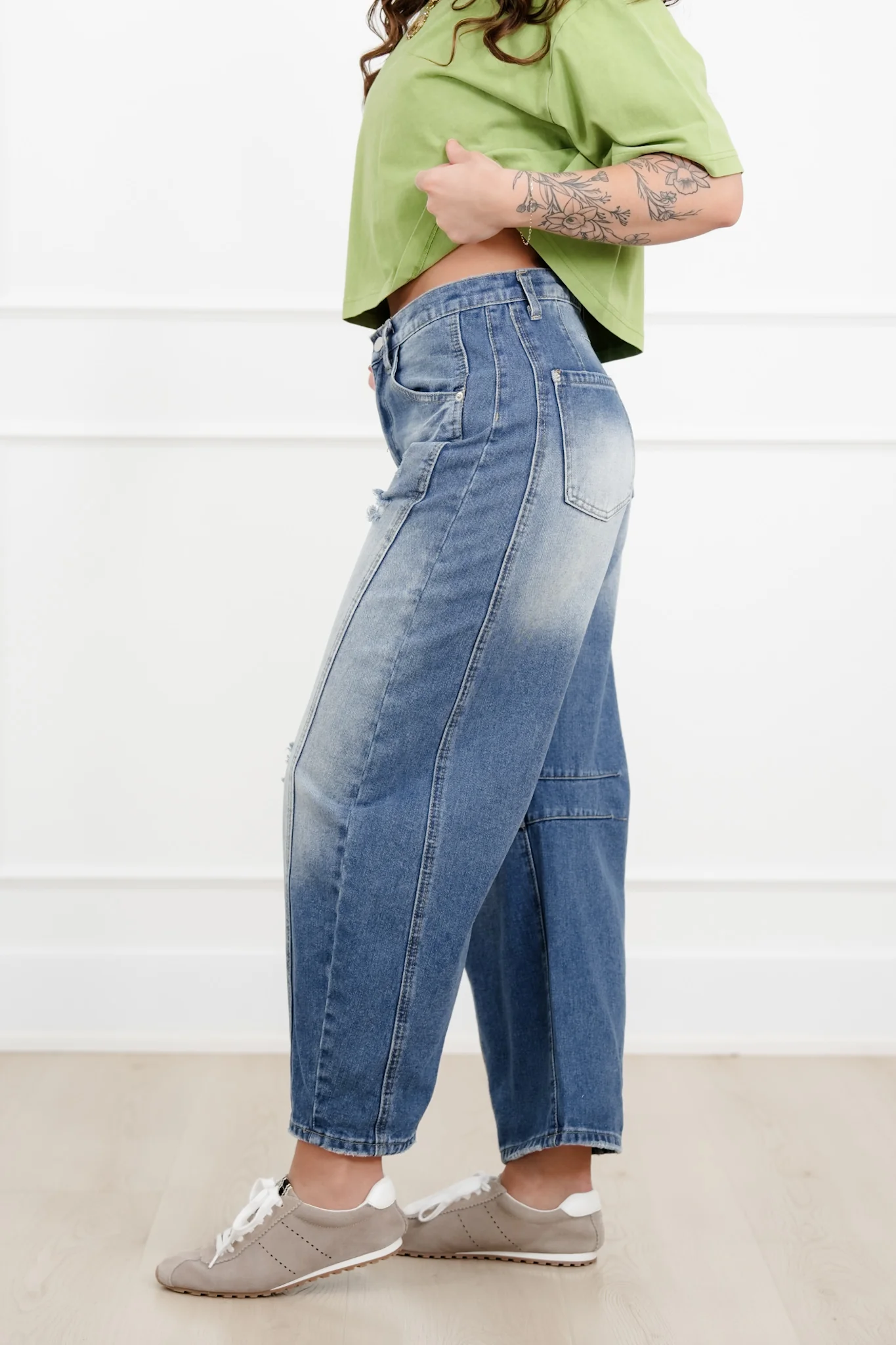 Distressed Mid Rise Light Wash Barrel Jeans - Image 2