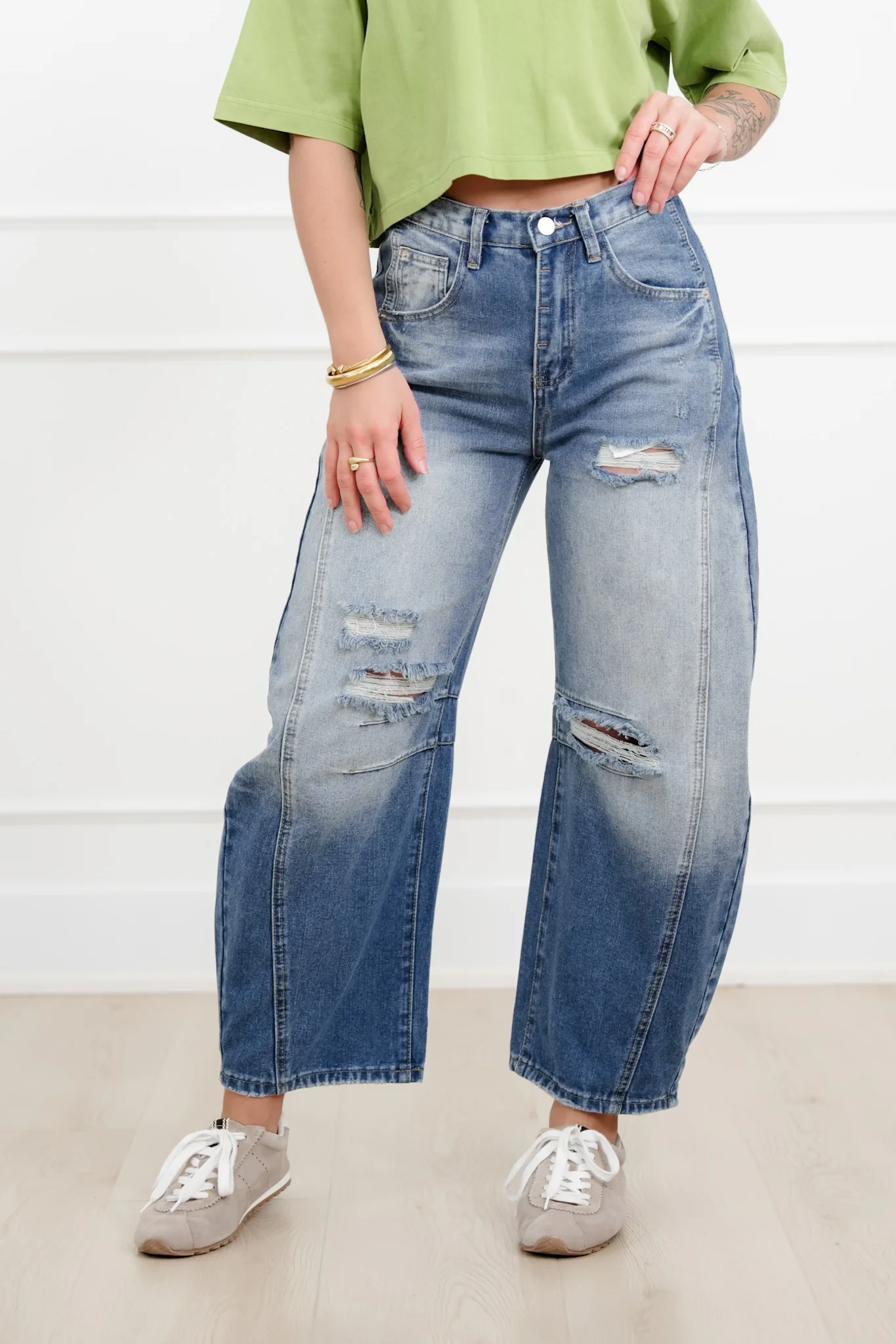Distressed Mid Rise Light Wash Barrel Jeans - Image 4