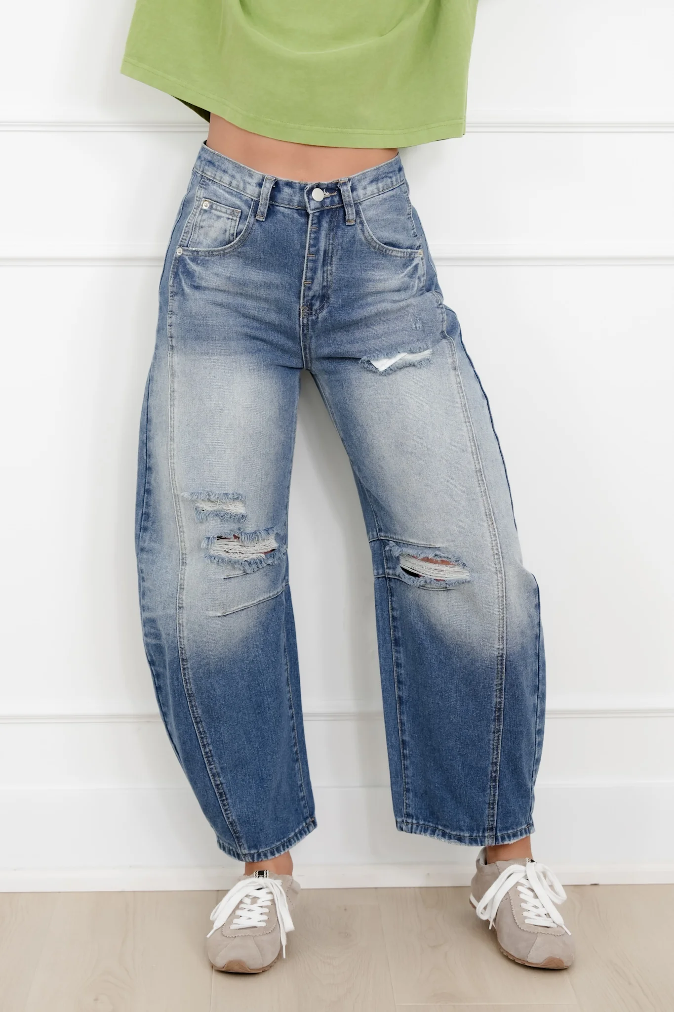 Distressed Mid Rise Light Wash Barrel Jeans - Image 6