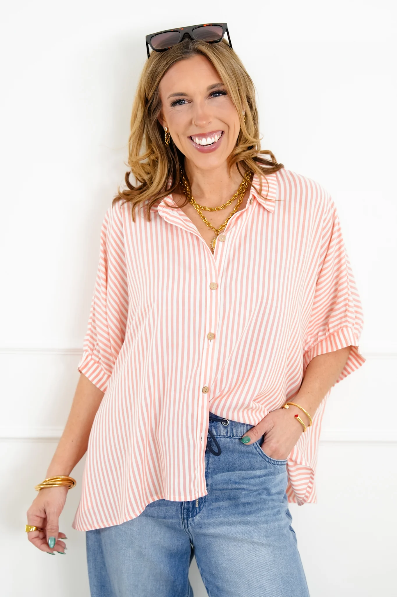 Door Buster! Plus/Reg Zenana Rayon Striped Short Sleeve Button Up Shirt - Image 4