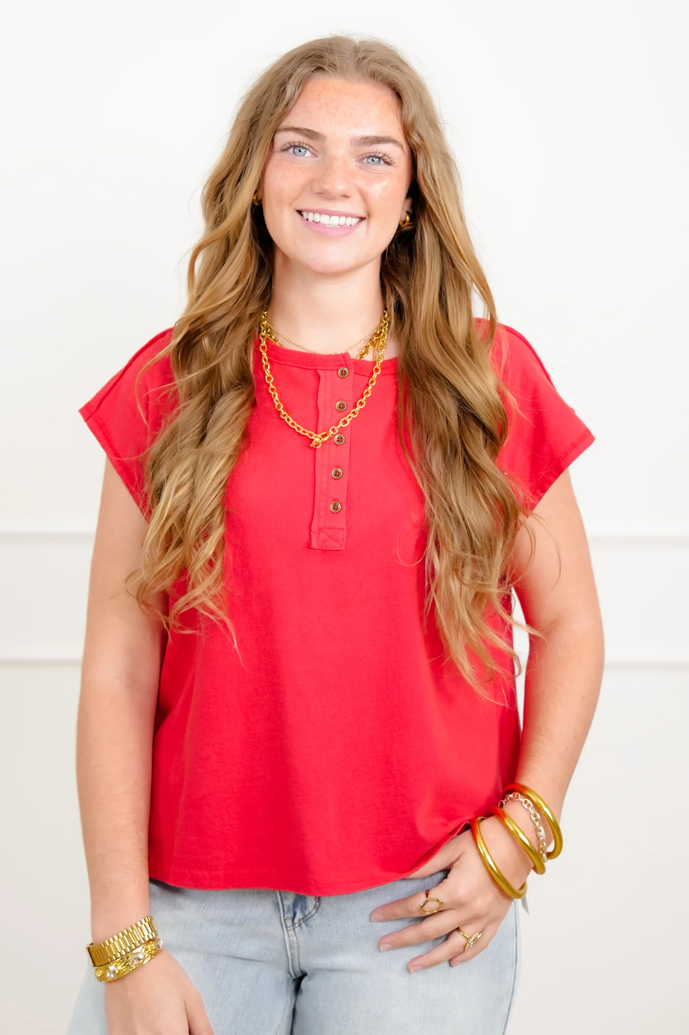 Door Buster! Washed Cap Sleeve Button Up Top - Image 3