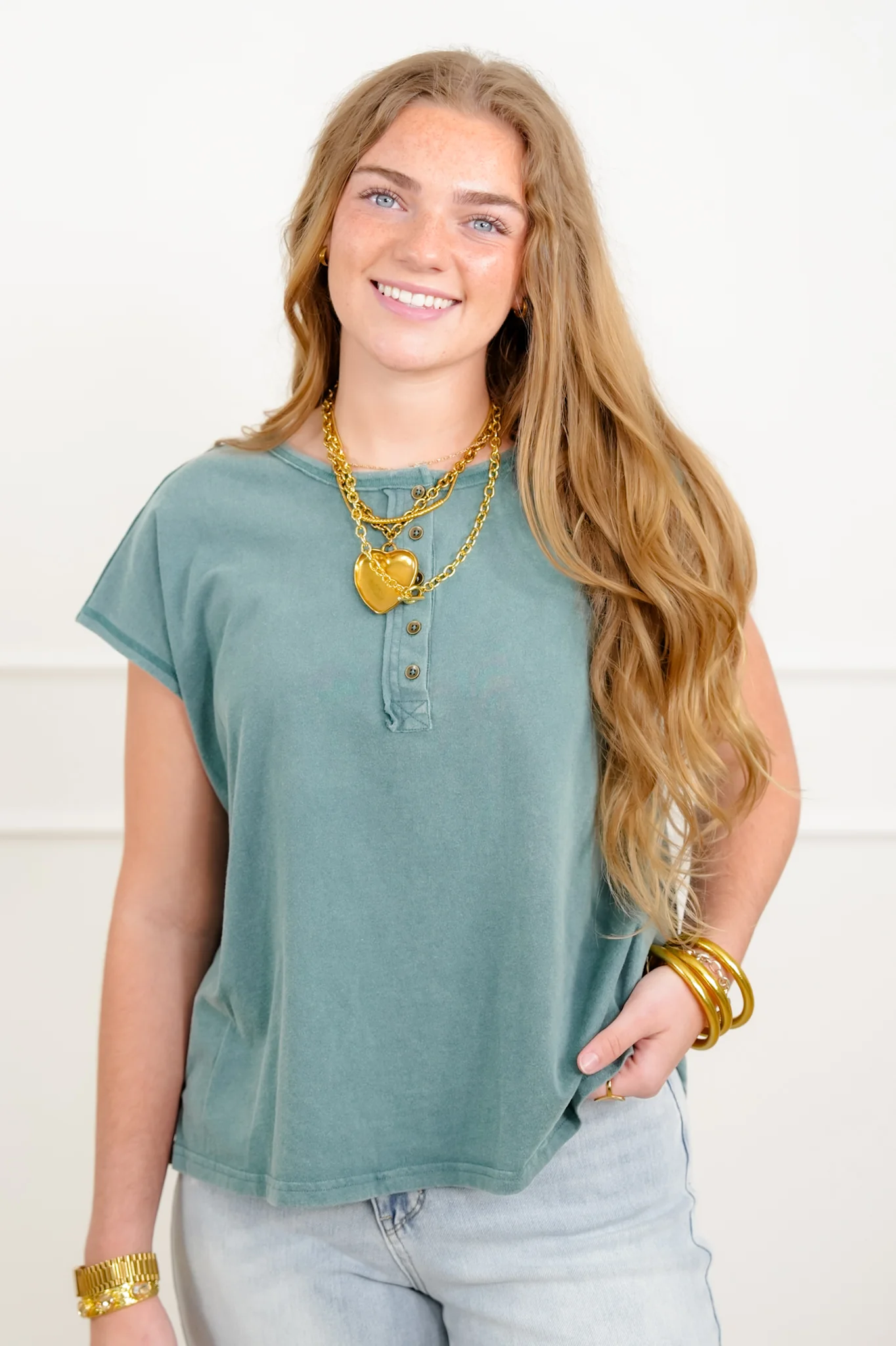 Door Buster! Washed Cap Sleeve Button Up Top - Image 6