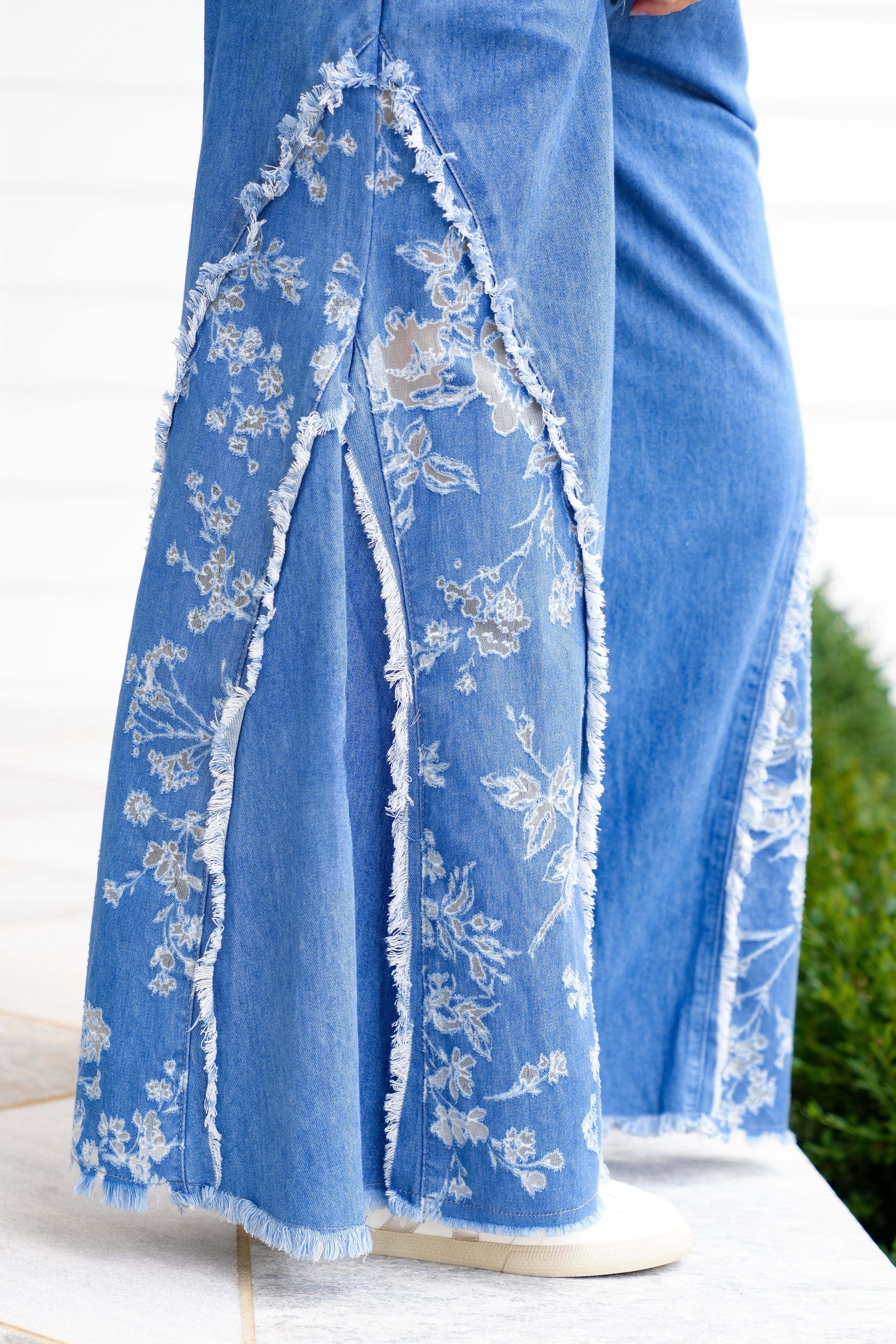Medium Wash Elastic Waist Wide Leg Pants with Floral Panels - Image 2