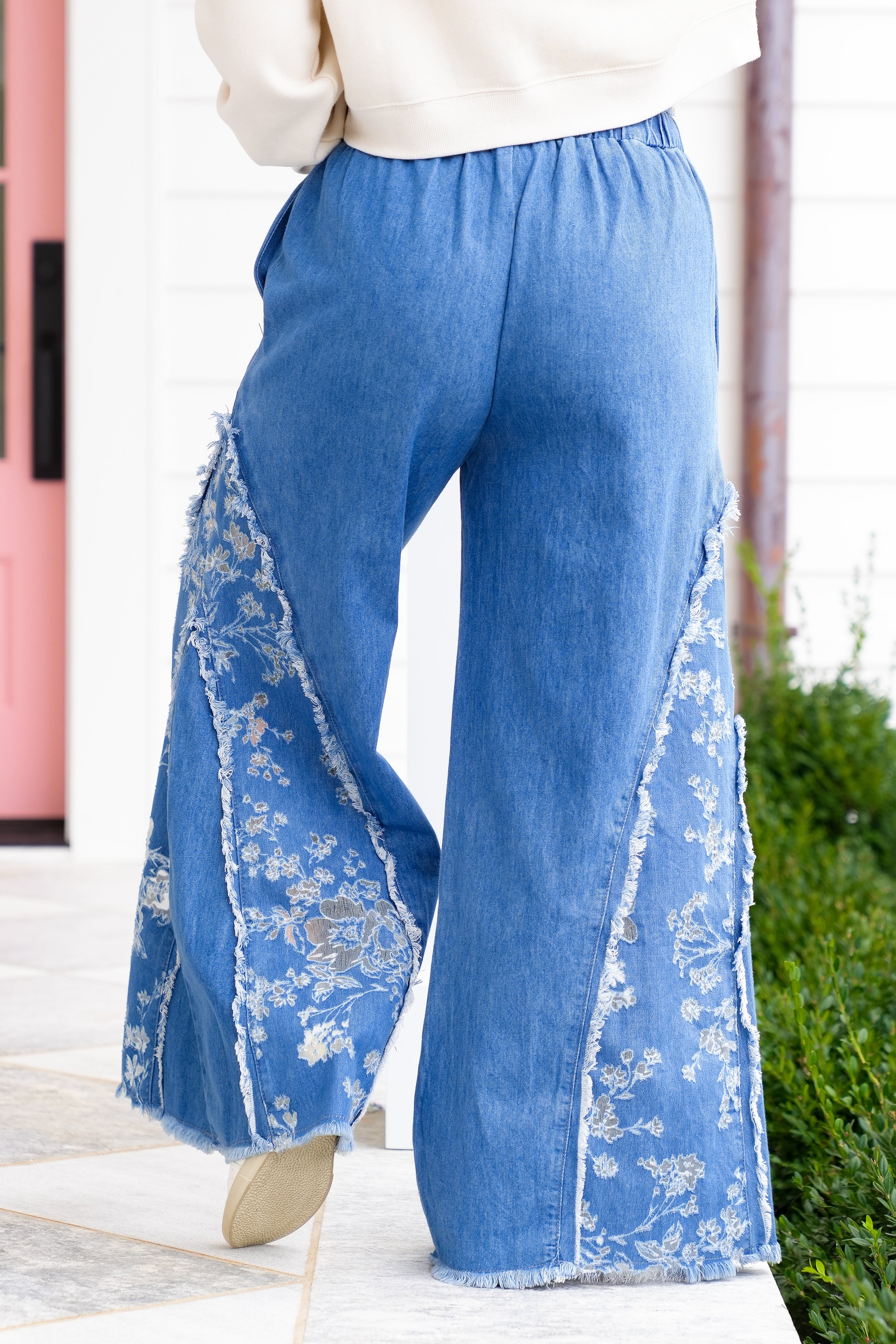 Medium Wash Elastic Waist Wide Leg Pants with Floral Panels - Image 5