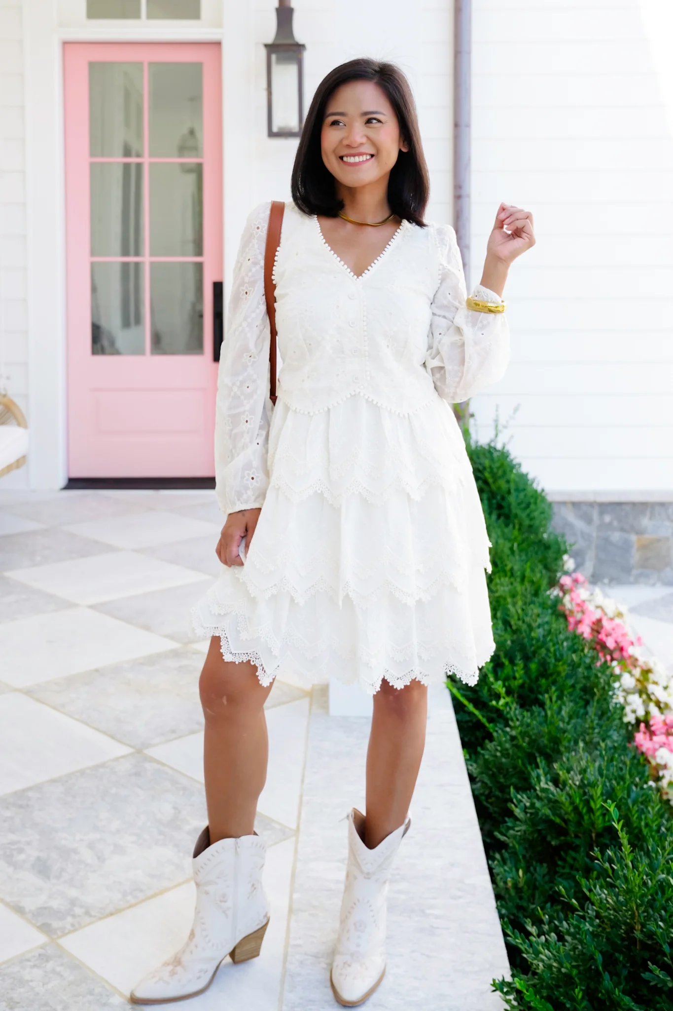 Embroidered Lace Long Sleeve Tiered Dress - Image 3