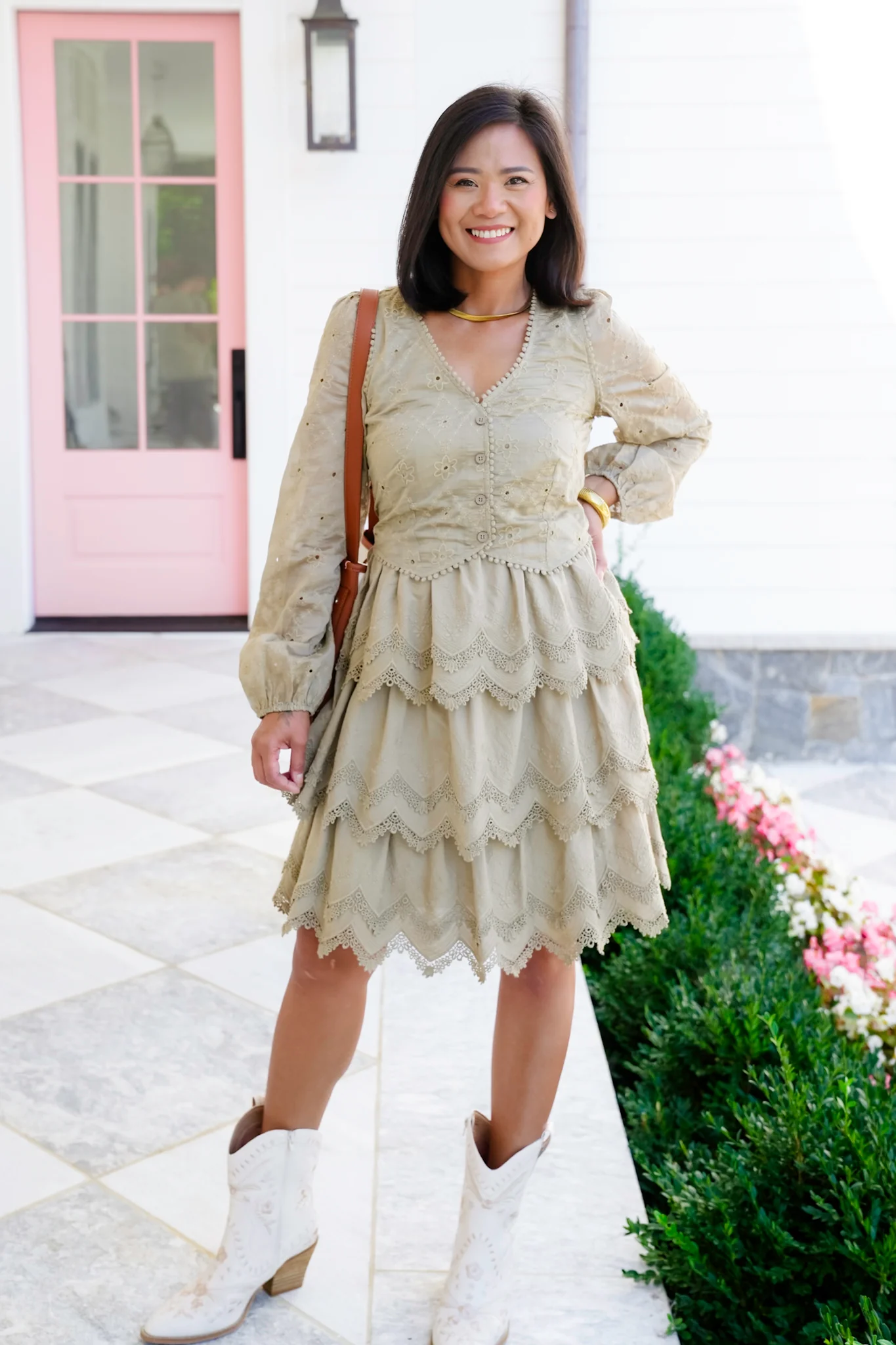 Embroidered Lace Long Sleeve Tiered Dress - Image 8