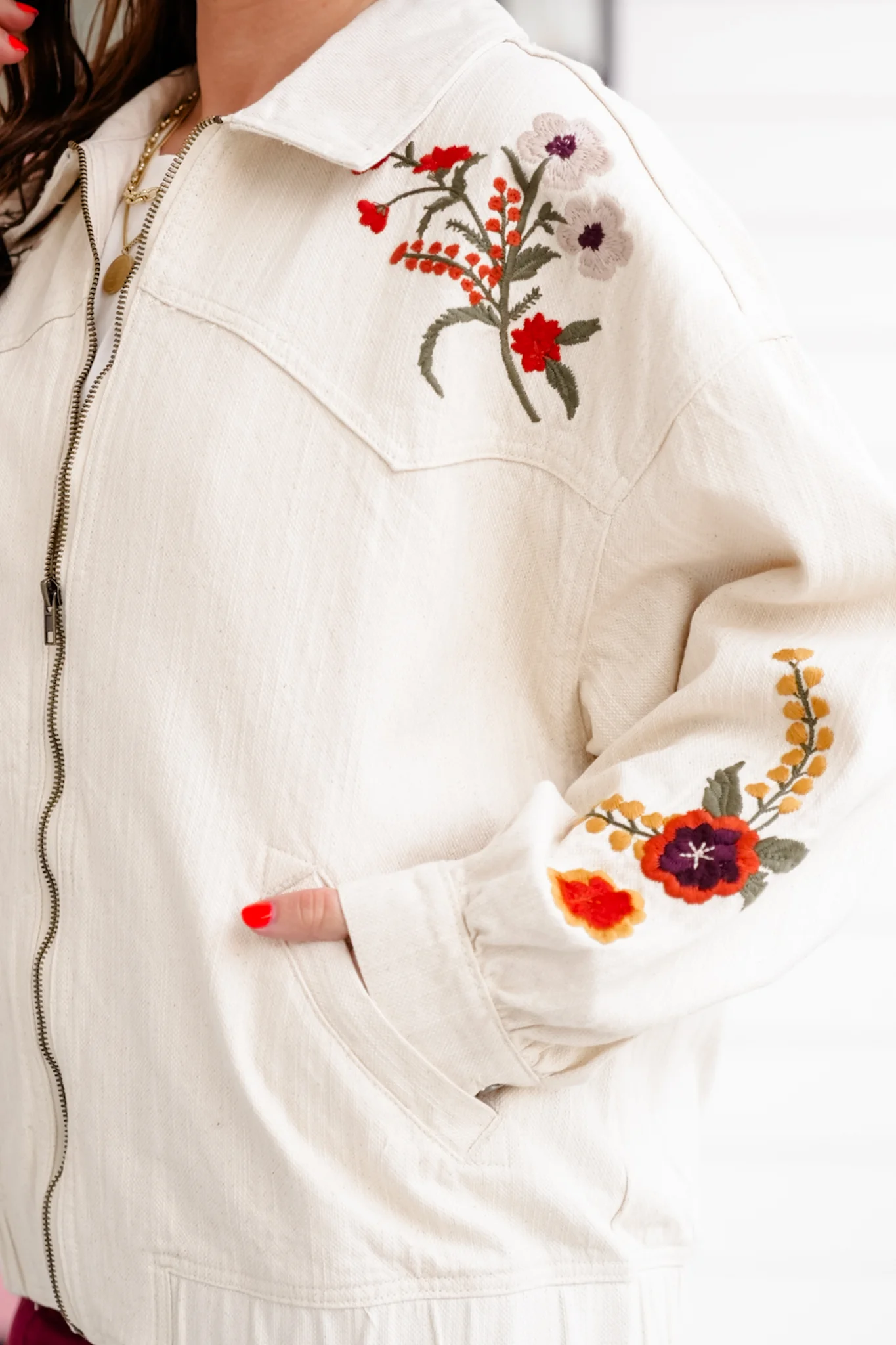 Embroidered Long Sleeve Zip Up Jacket - Image 3