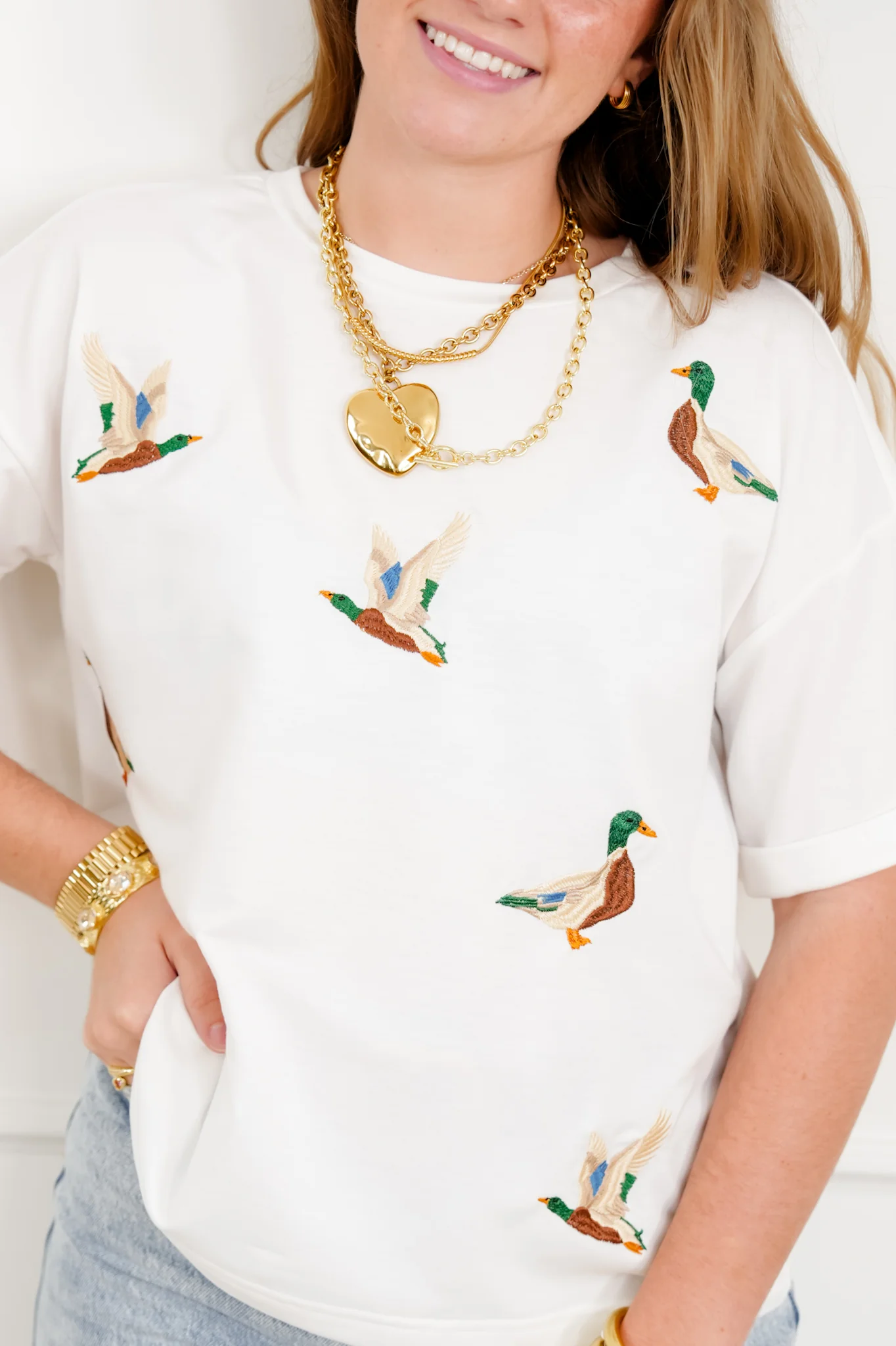 Embroidered Mallard Duck Short Sleeve Crew Neck Top