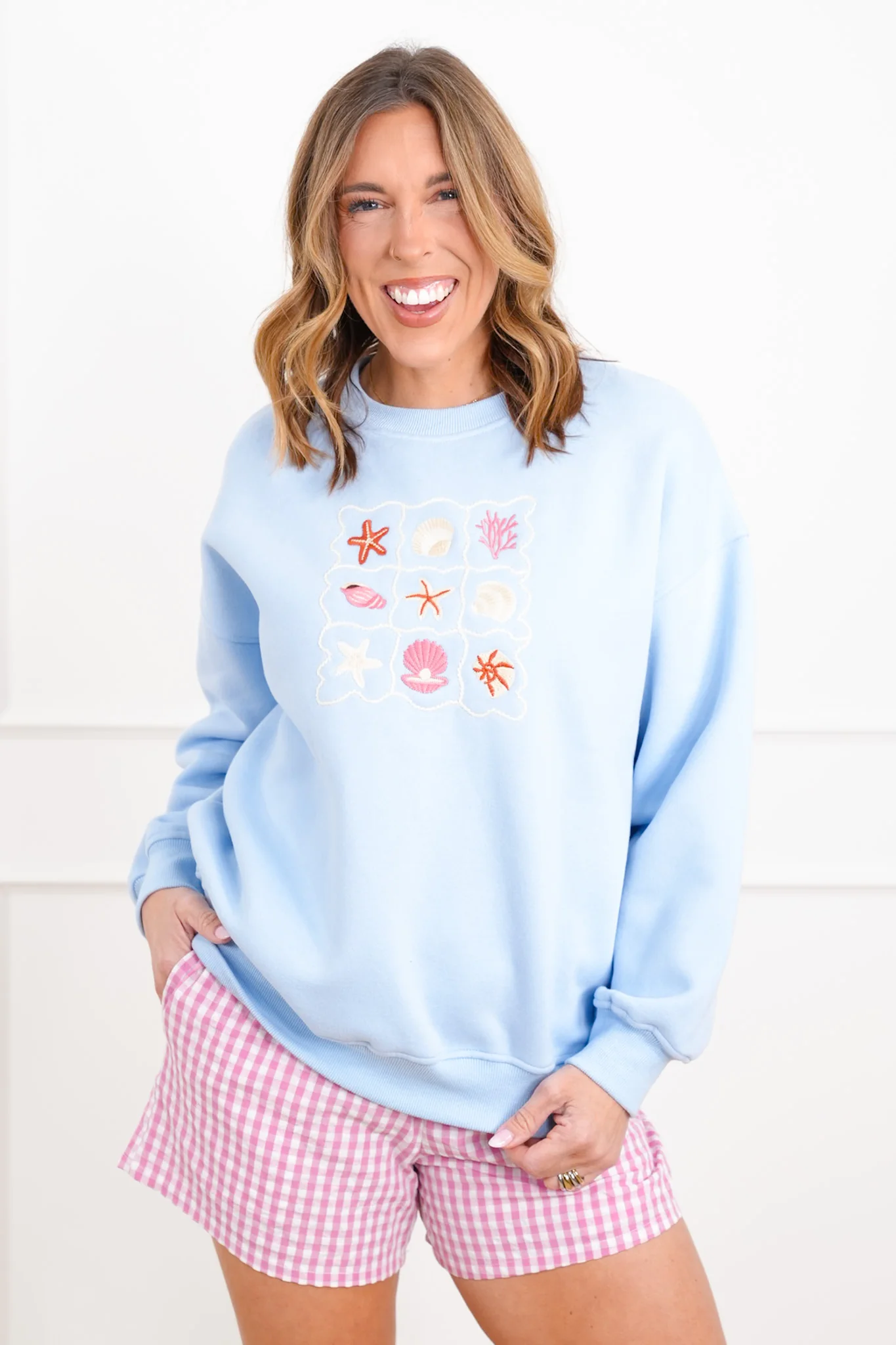 Embroidered Sea Shells Long Sleeve Pullover Sweatshirts - Image 2