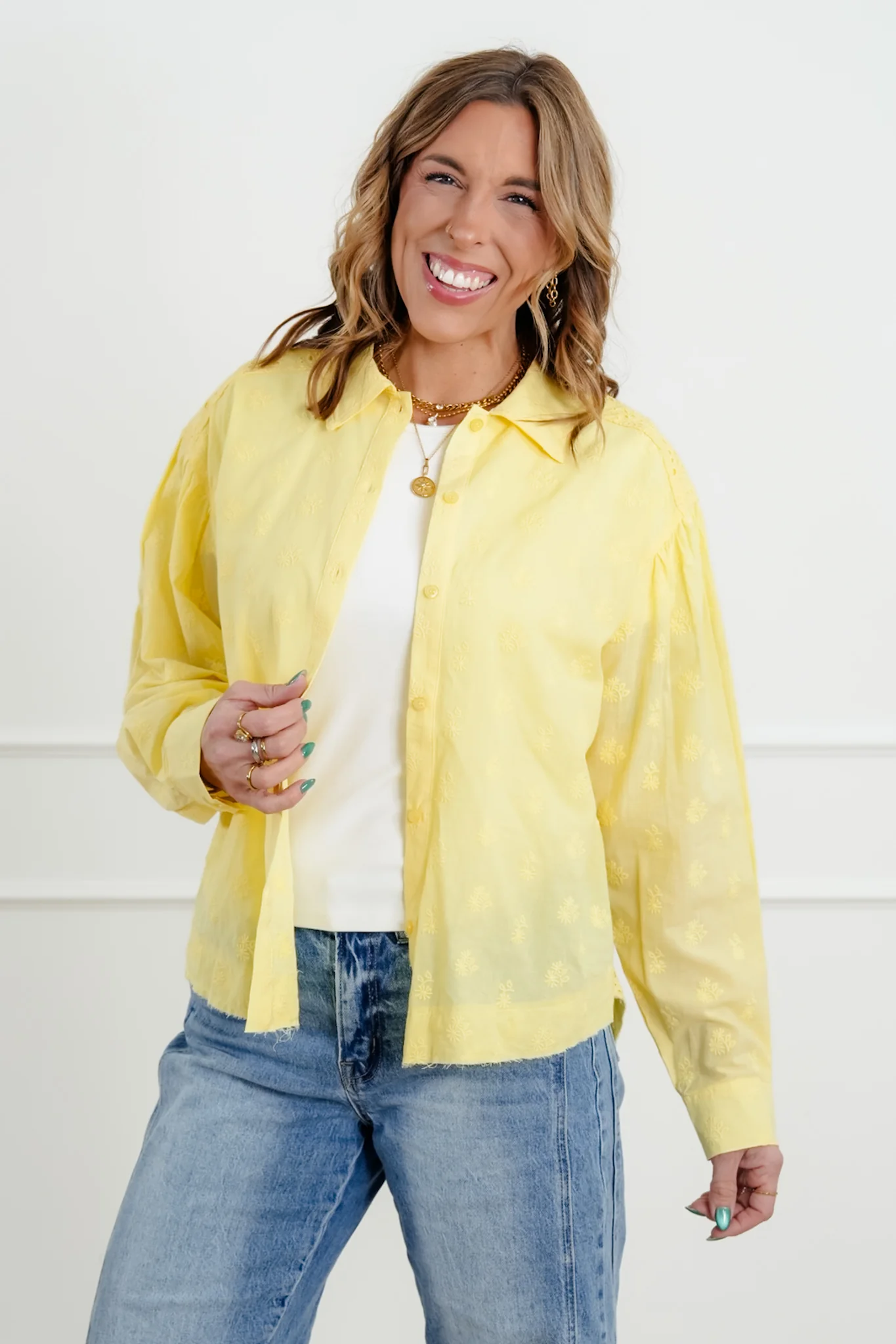 Eyelet Long Sleeve Button Down Top - Image 3