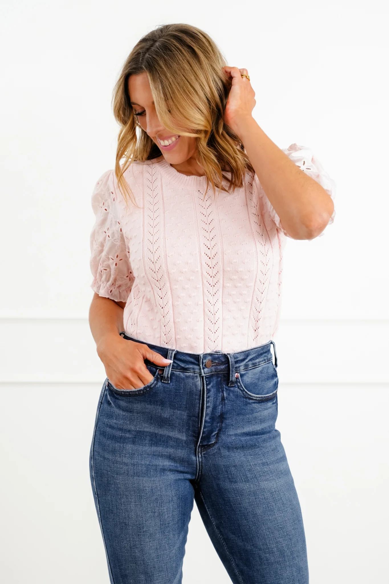 Eyelet Puff Sleeve Knit Top - Image 6