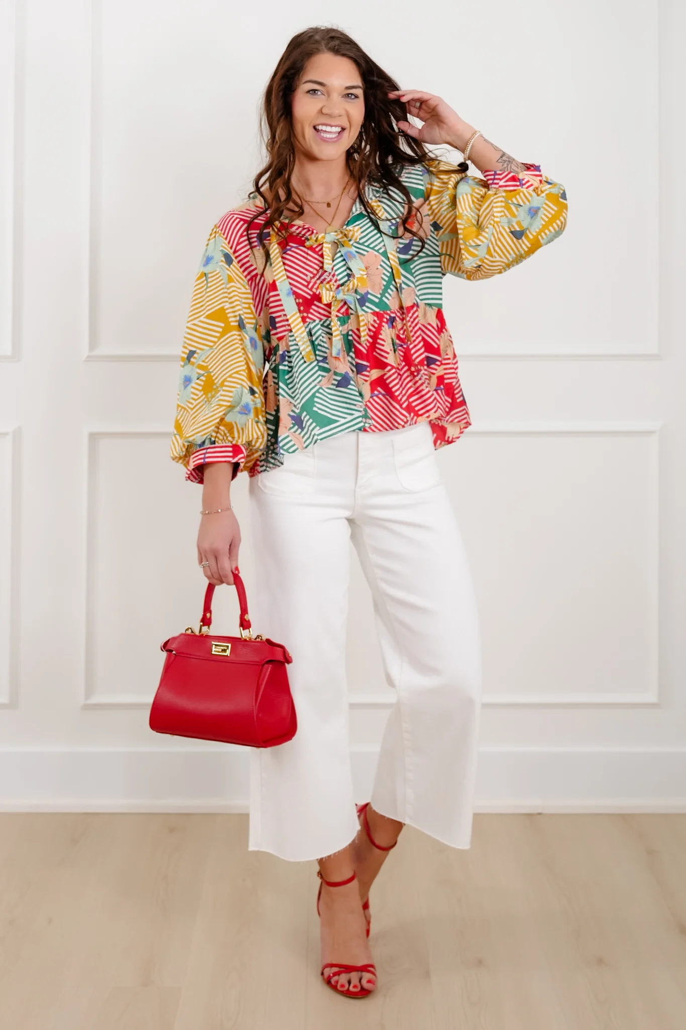 Floral Color Block 3/4 Sleeve Top with Front Bow Tie - Image 2