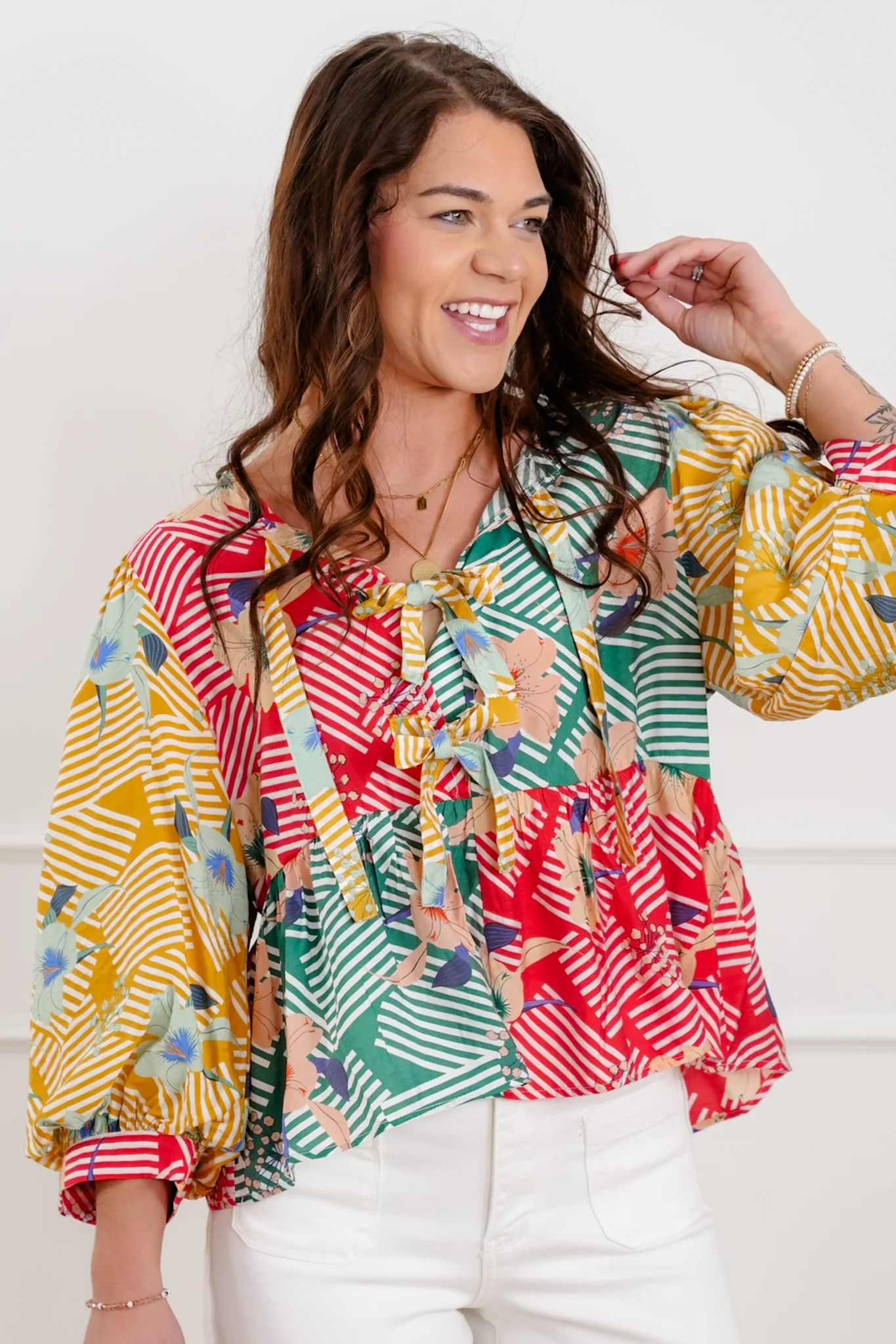 Floral Color Block 3/4 Sleeve Top with Front Bow Tie - Image 3