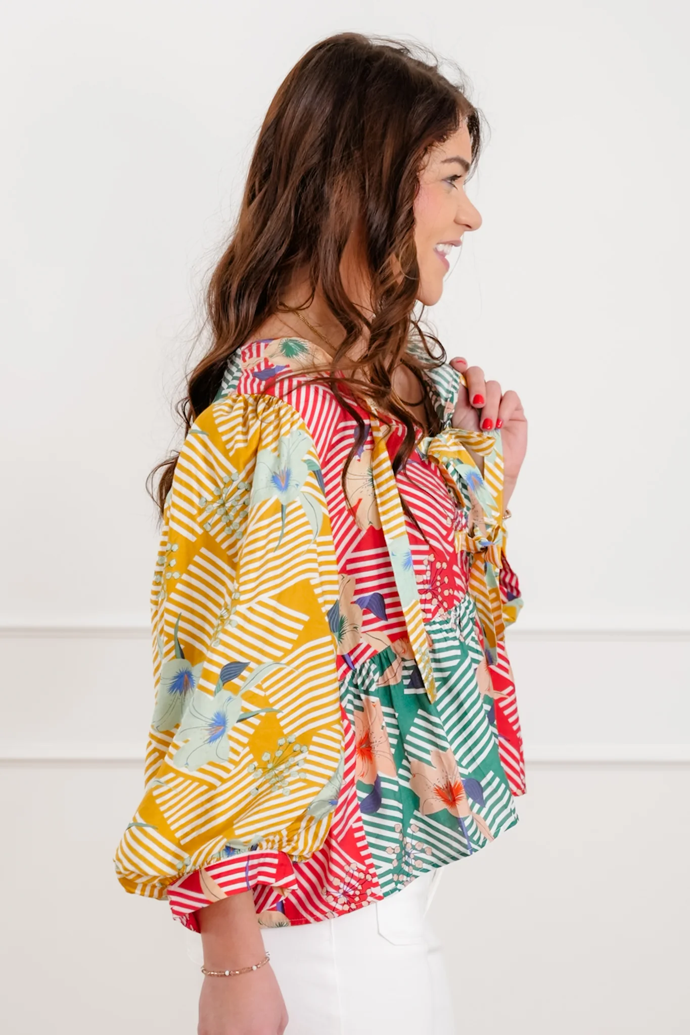 Floral Color Block 3/4 Sleeve Top with Front Bow Tie - Image 4