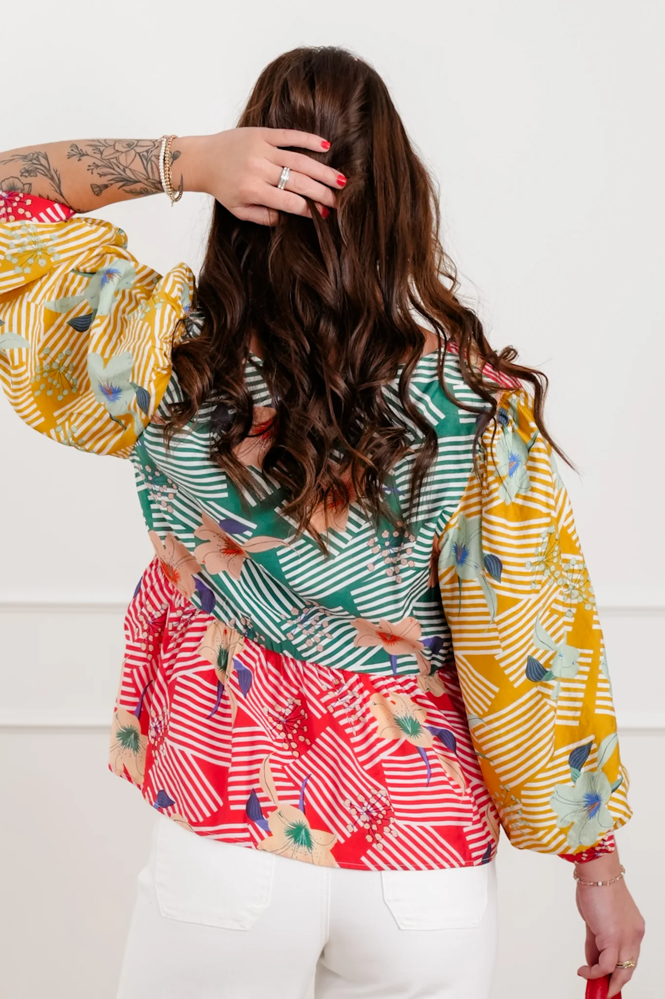 Floral Color Block 3/4 Sleeve Top with Front Bow Tie - Image 5