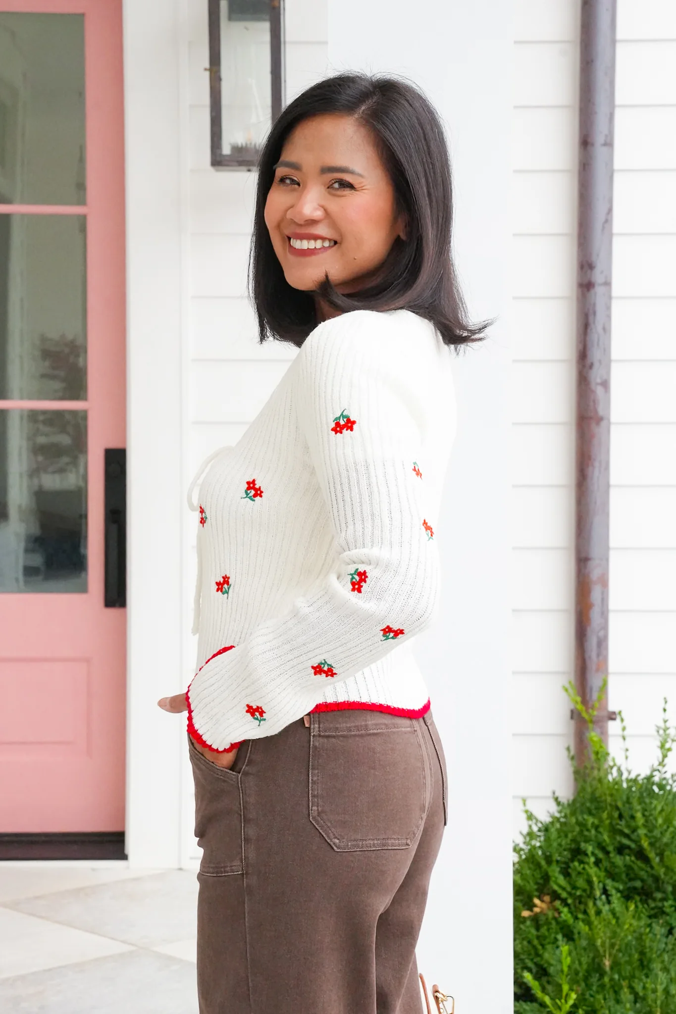 Floral Embroidered Long Sleeve Front Tie Sweater - Image 2