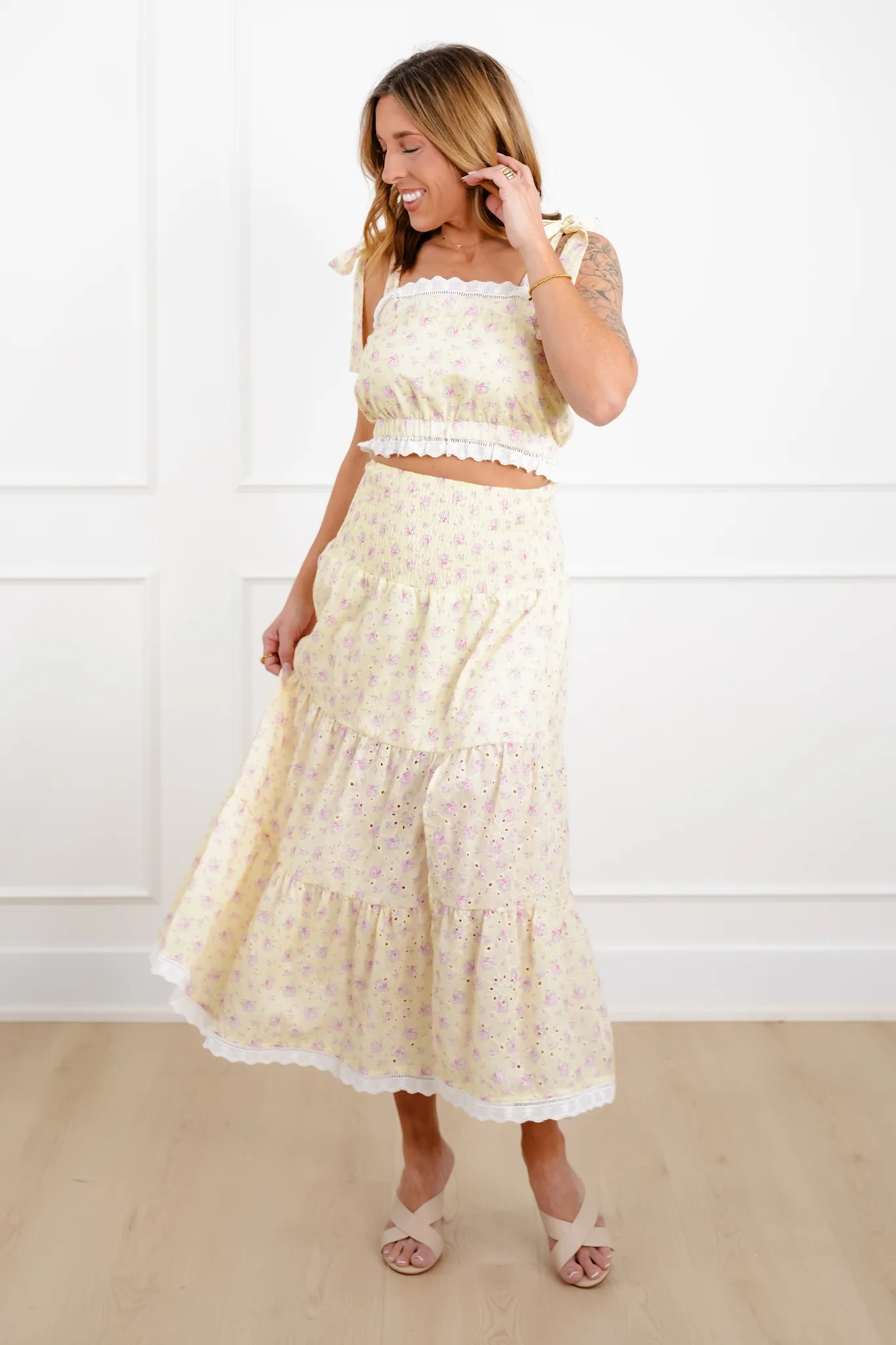 Floral Eyelet Smocked Waist Tiered Skirt - Image 2