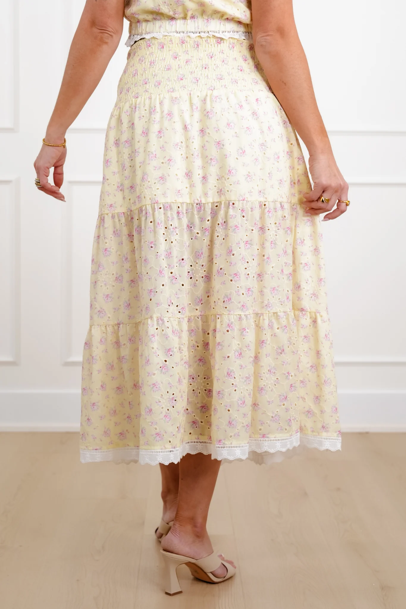 Floral Eyelet Smocked Waist Tiered Skirt - Image 4