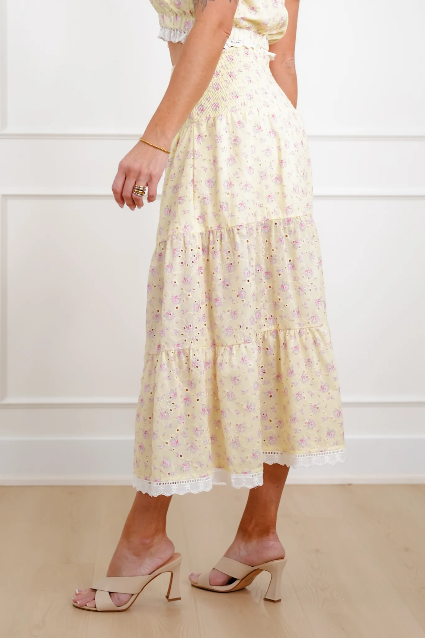 Floral Eyelet Smocked Waist Tiered Skirt - Image 5