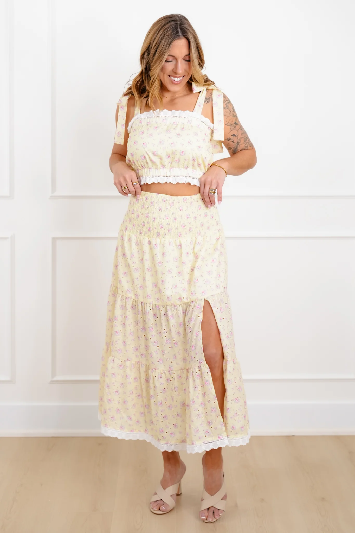 Floral Eyelet Smocked Waist Tiered Skirt - Image 6