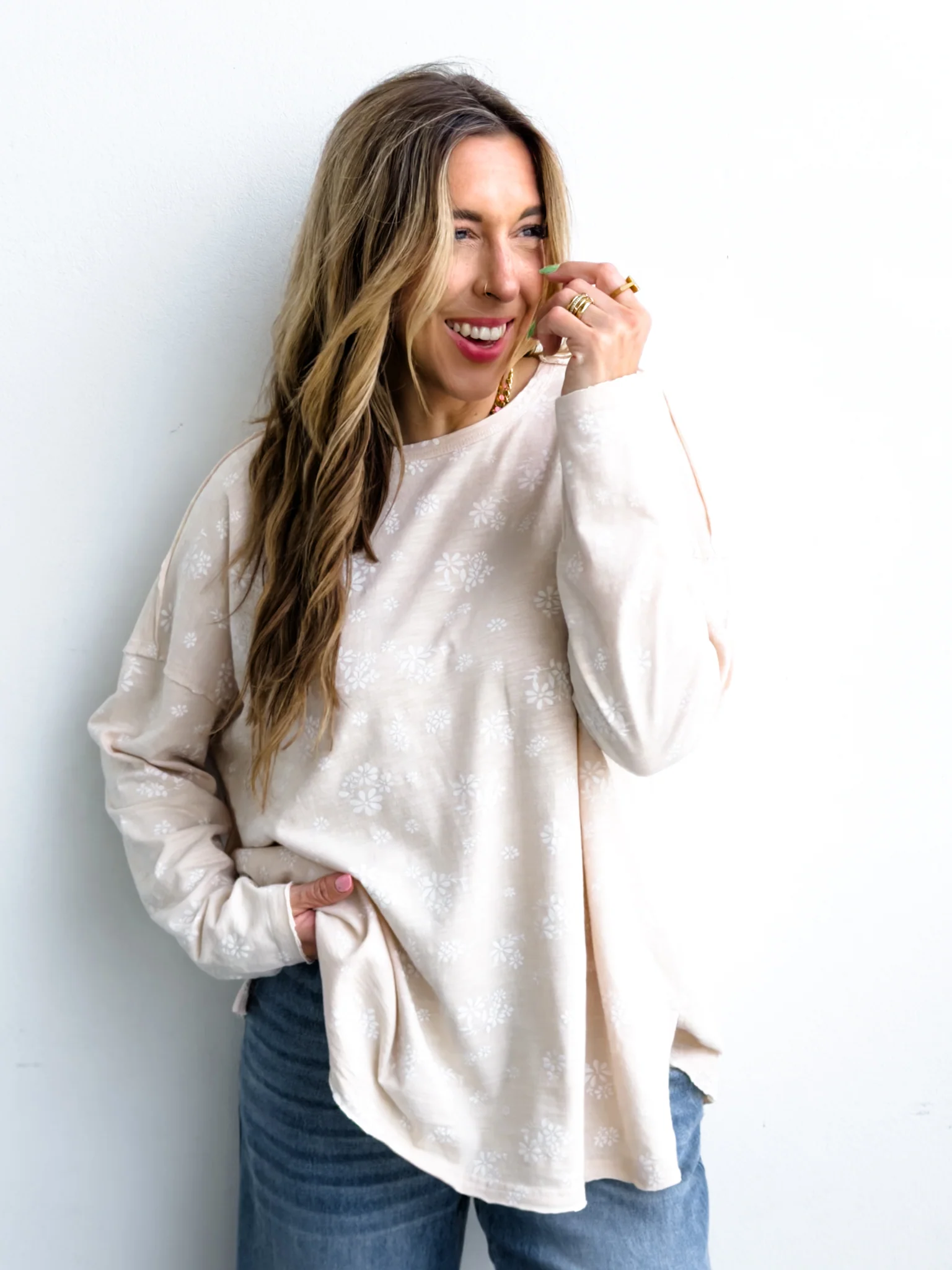 Floral Long Sleeve Round Neck Top - Image 3