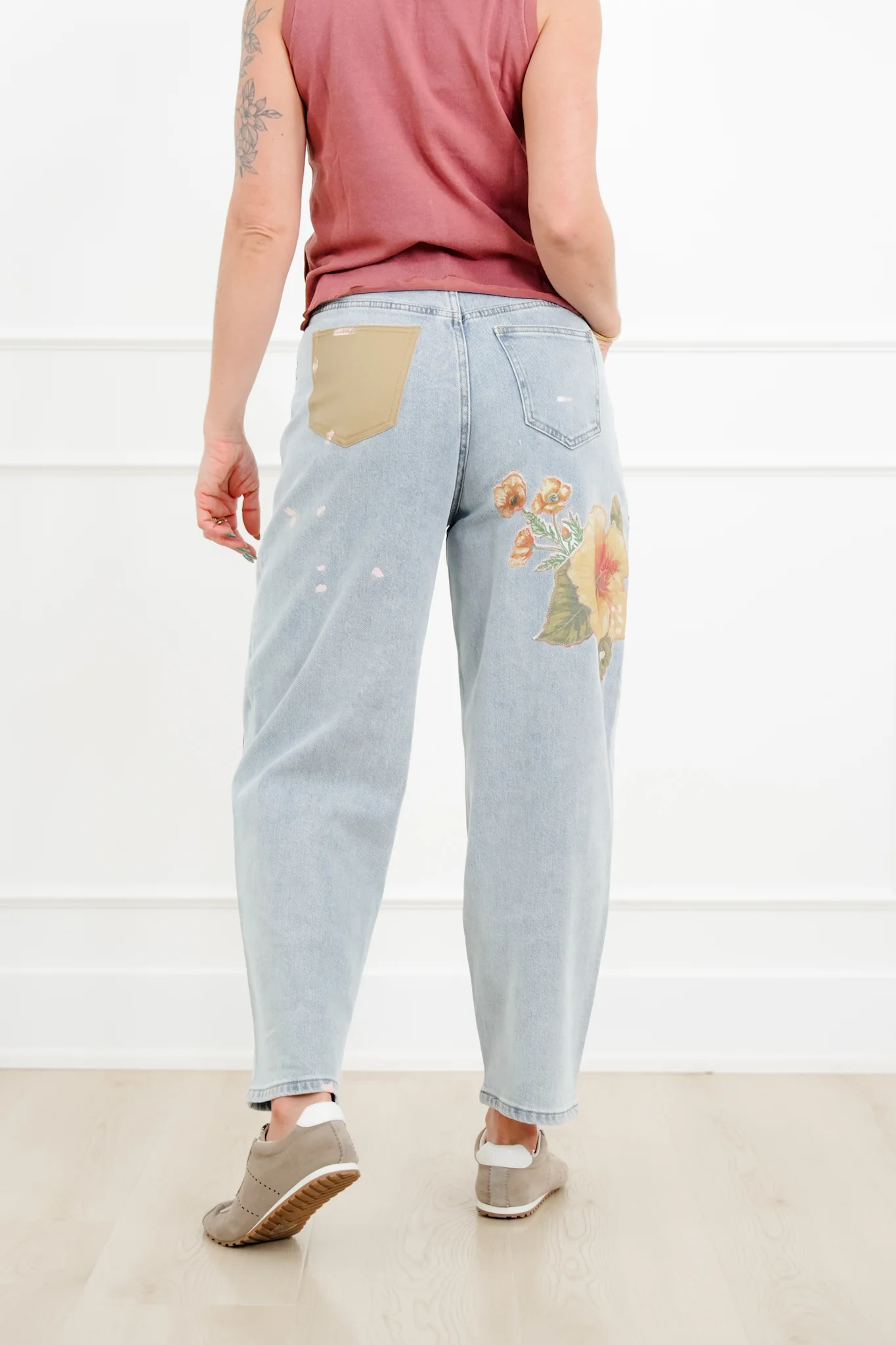 Floral Patch Barrel Jeans with Paint Splatter - Image 3