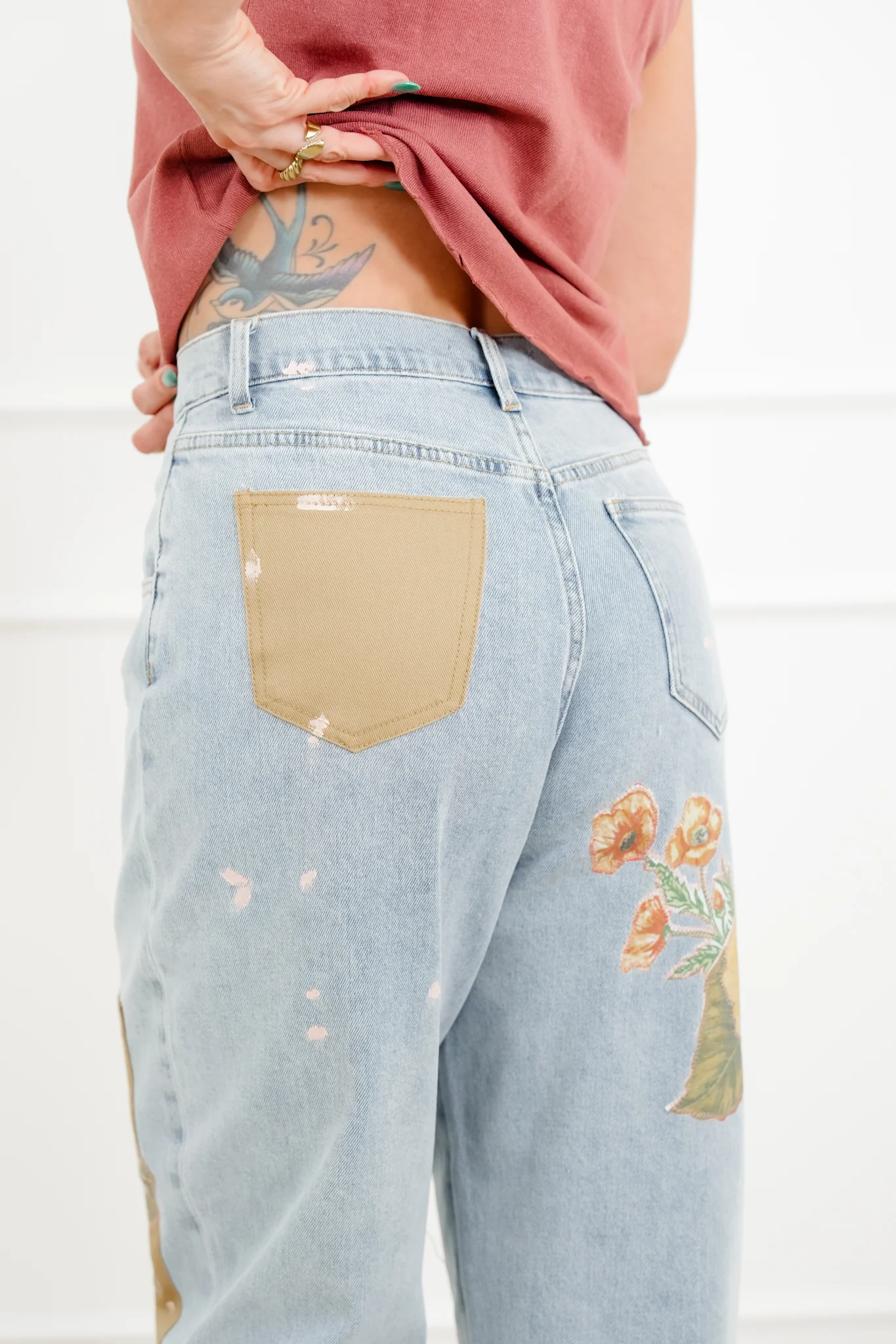 Floral Patch Barrel Jeans with Paint Splatter - Image 5