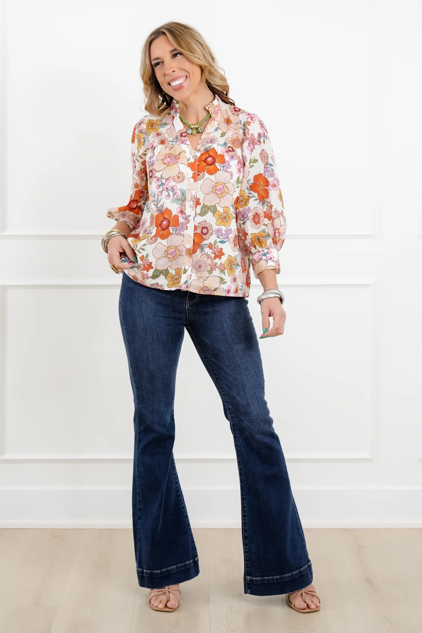 Floral Pattern 3/4 Sleeve Button Up Blouse - Image 2