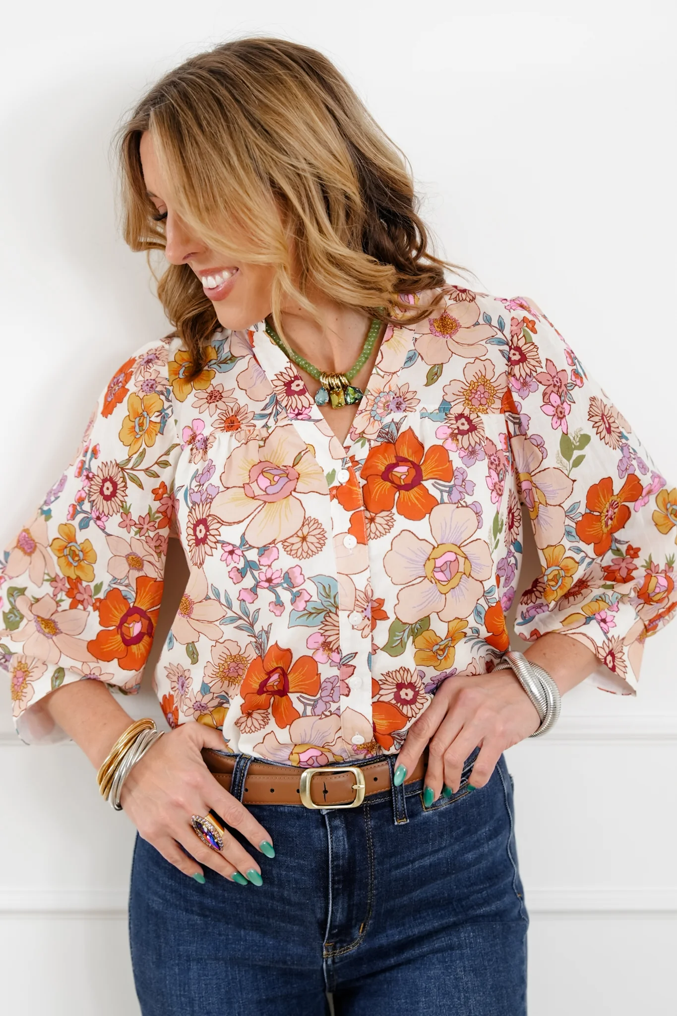 Floral Pattern 3/4 Sleeve Button Up Blouse - Image 3
