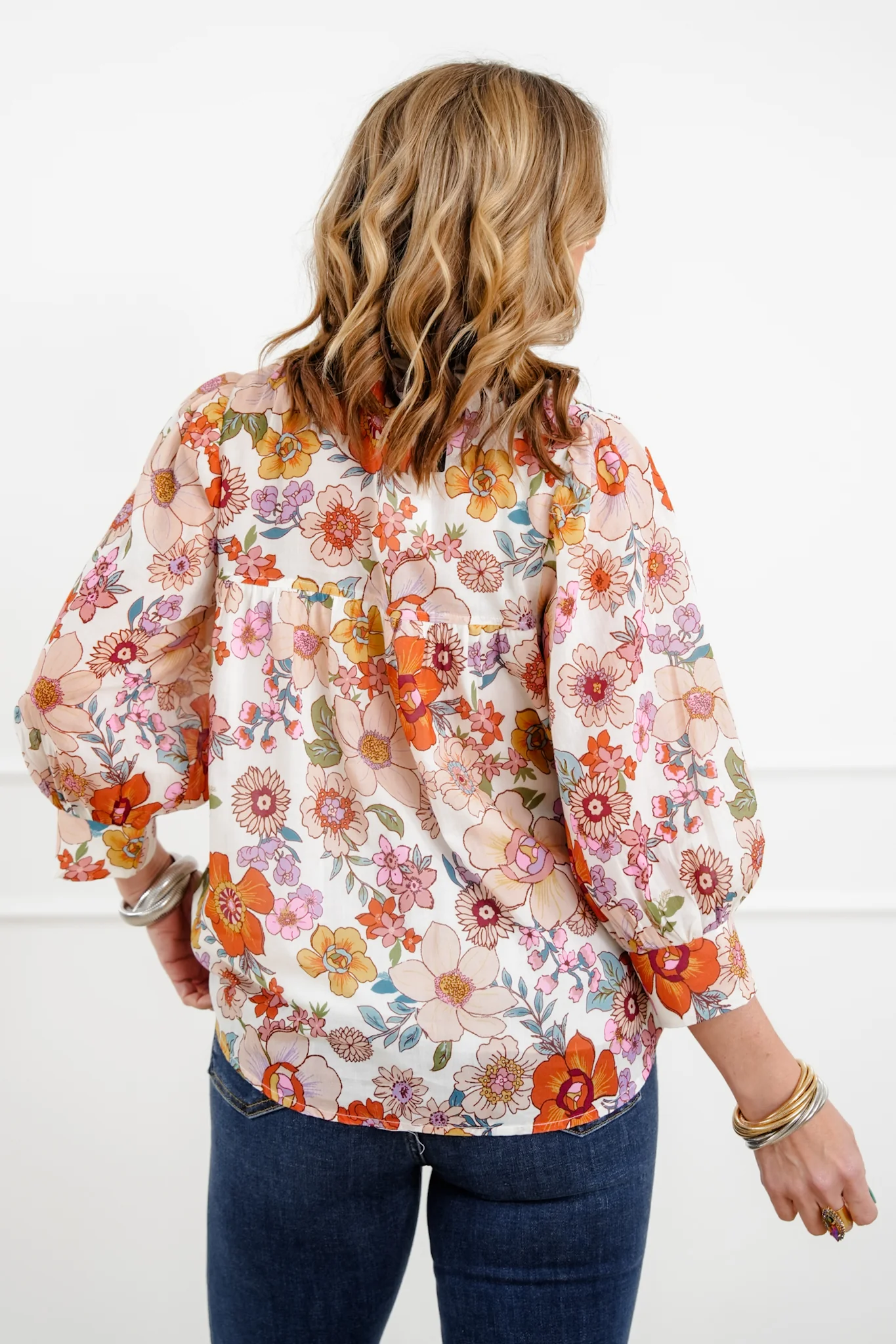 Floral Pattern 3/4 Sleeve Button Up Blouse - Image 5