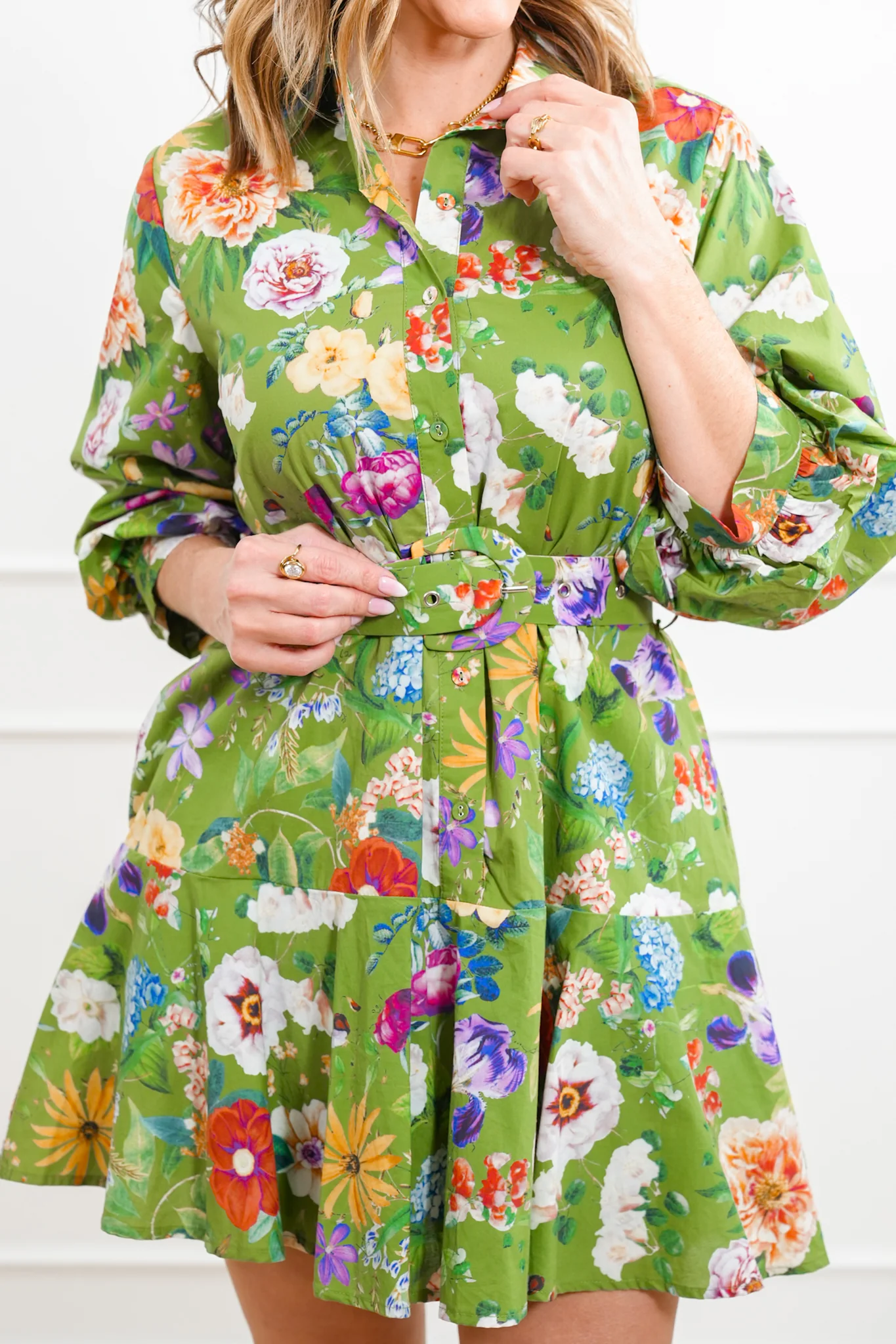 Floral Pattern 3/4 Sleeve Mini Dress with Waist Belt - Image 4