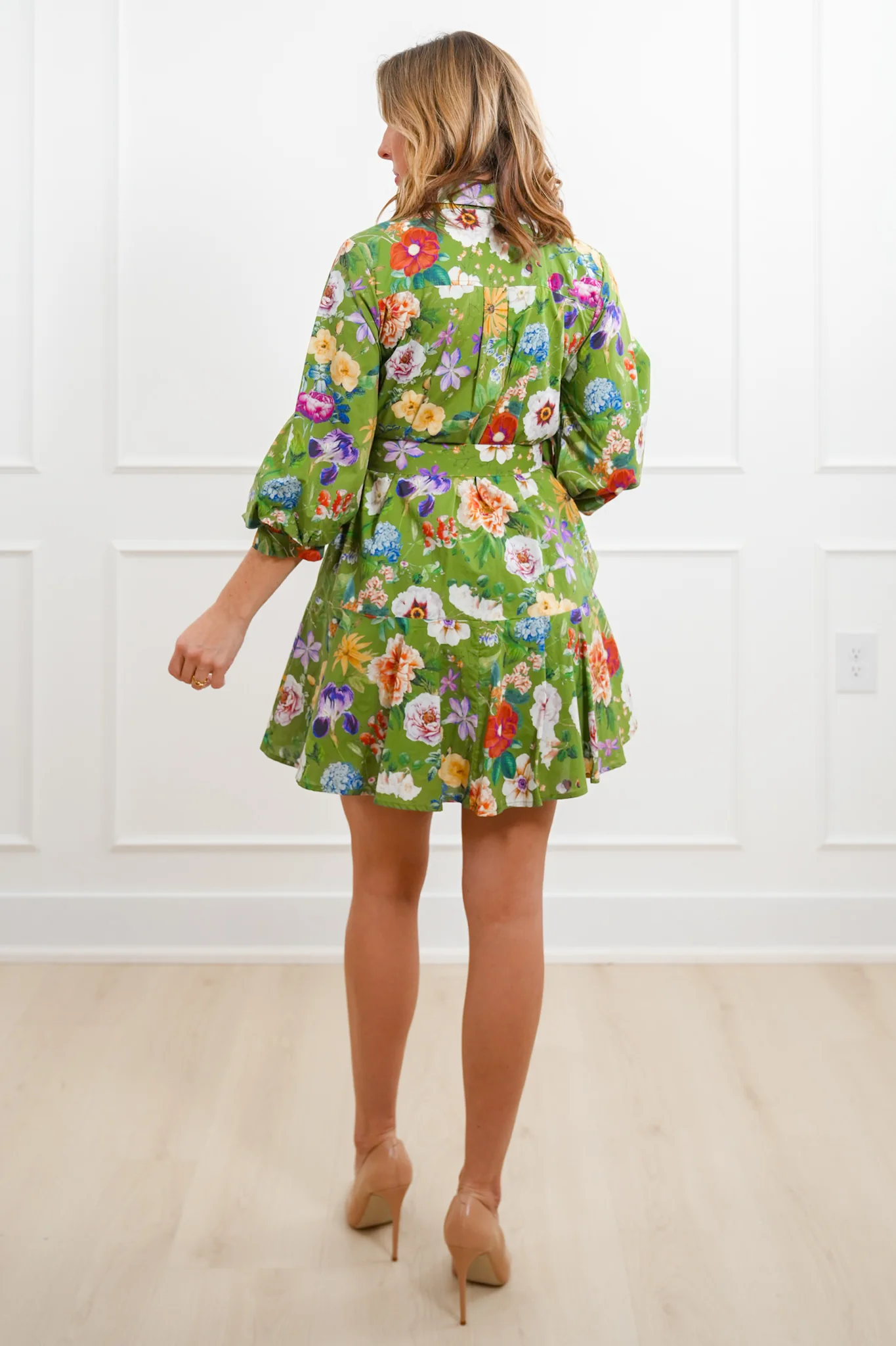Floral Pattern 3/4 Sleeve Mini Dress with Waist Belt - Image 5