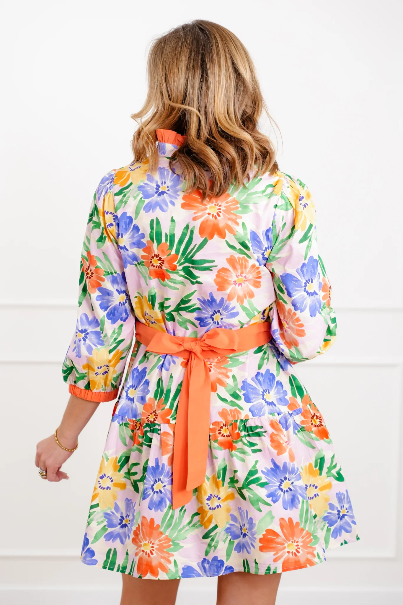 Floral Print 3/4 Sleeve Tiered Dress with Waist Tie - Image 6