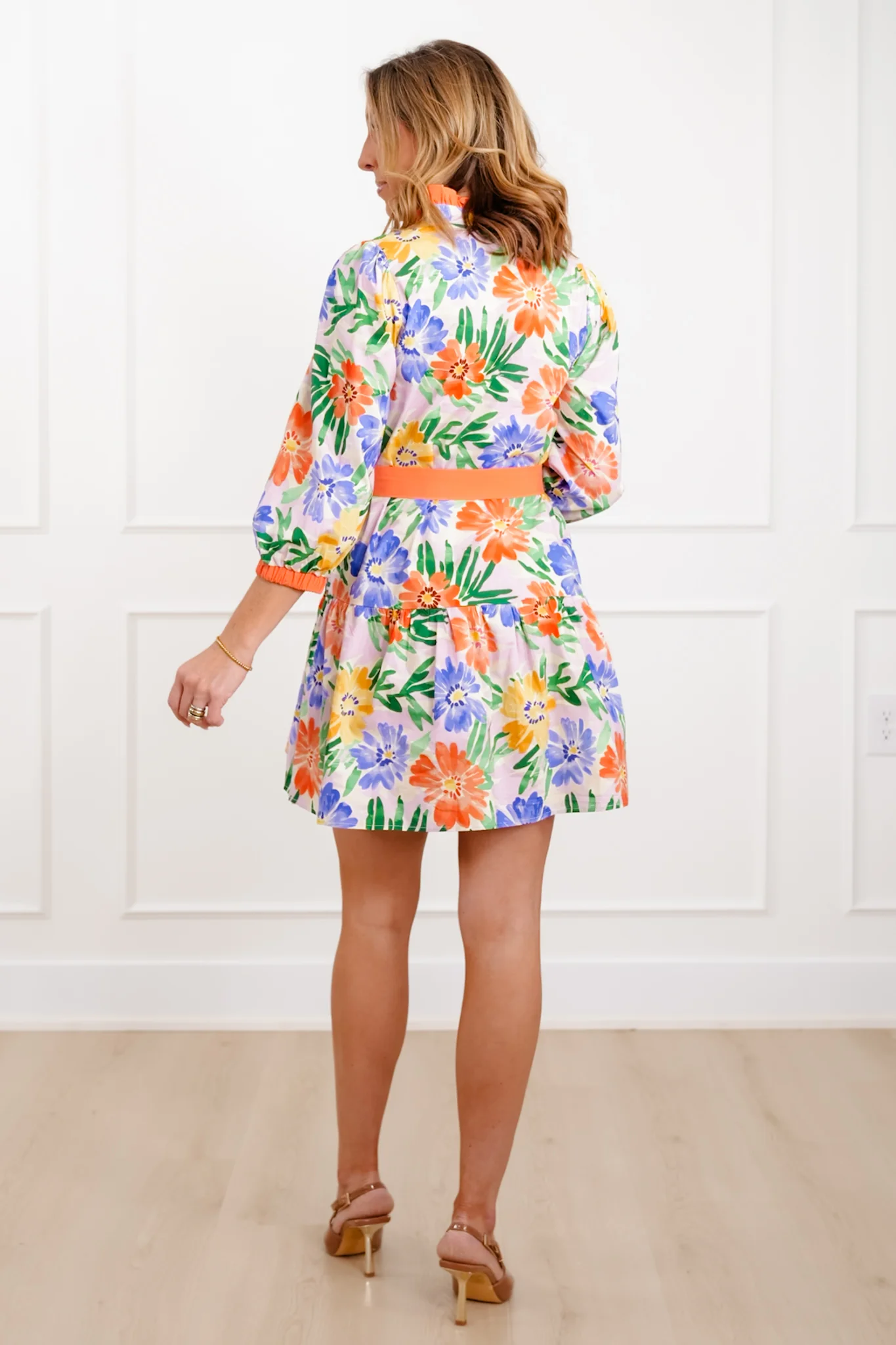 Floral Print 3/4 Sleeve Tiered Dress with Waist Tie - Image 7
