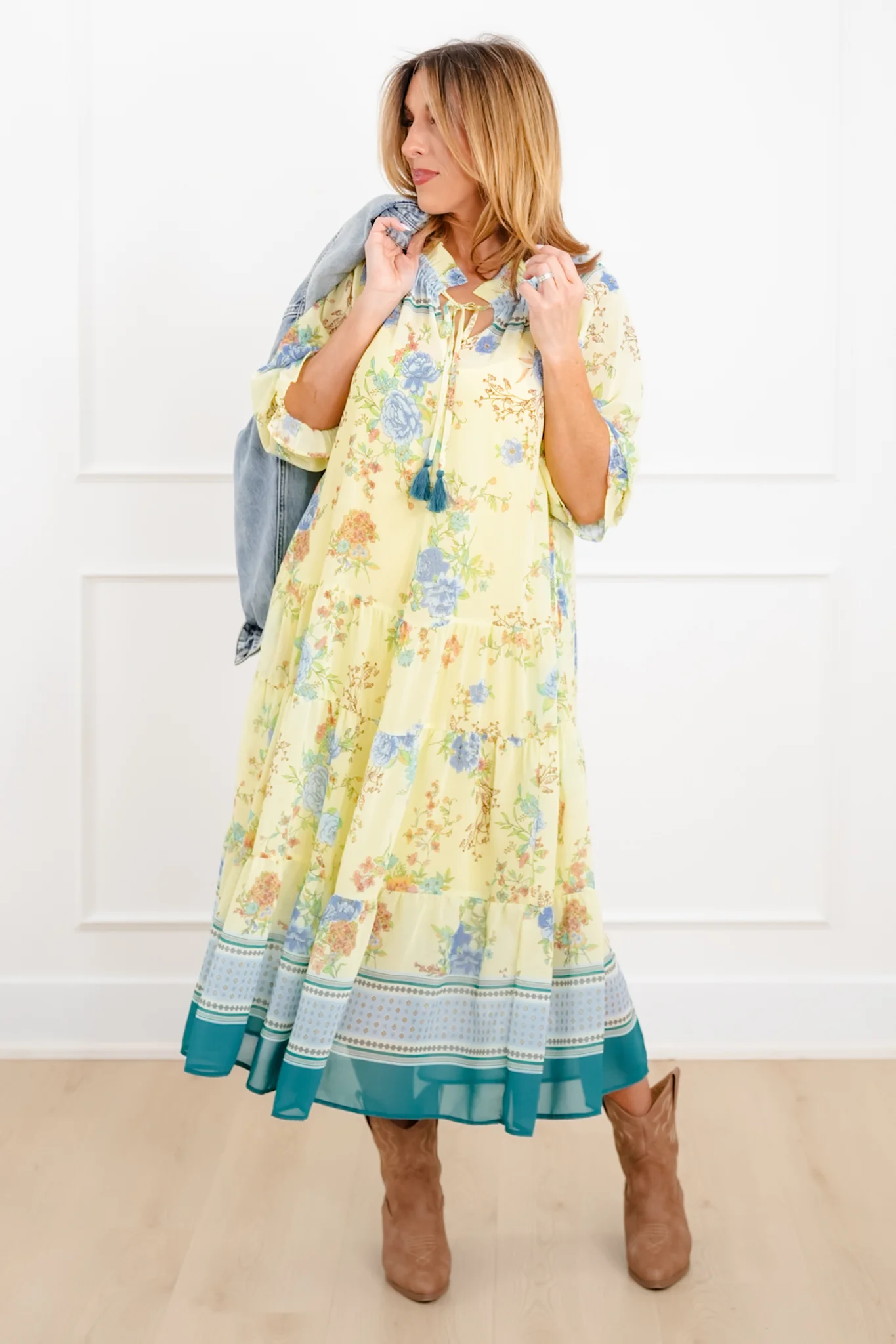 Floral Print 3/4 Sleeve Tiered Mix Dress - Image 11