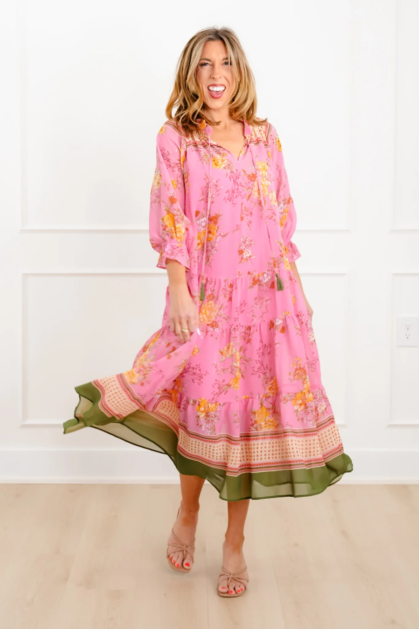 Floral Print 3/4 Sleeve Tiered Mix Dress - Image 2