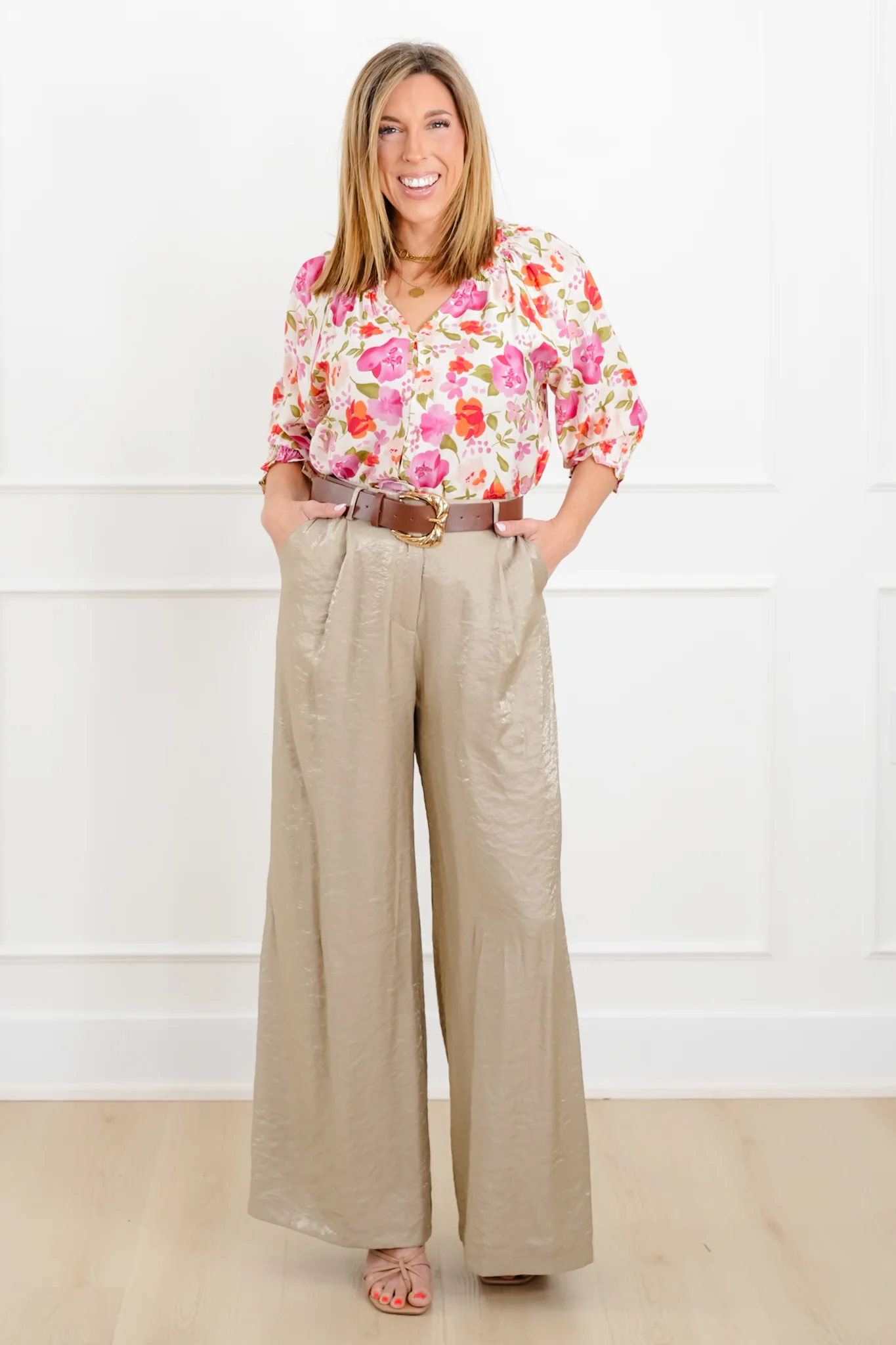 Floral Print Button Down Top with Smocking - Image 4