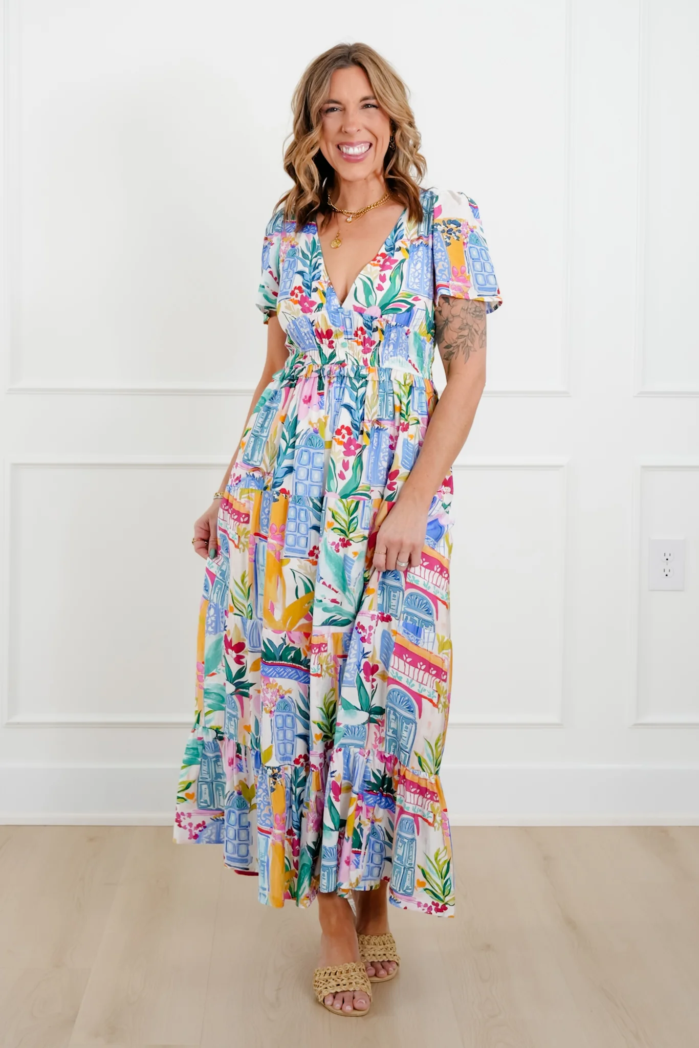 Floral Print Short Sleeve Deep V Neck Tiered Maxi Dress - Image 5